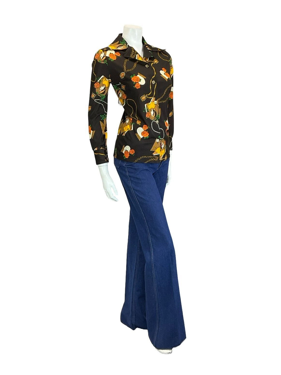 VTG 60S 70S BROWN ORANGE YELLOW CREAM WOMAN ROSE ART DECO DAGGER NOTCH SHIRT 10