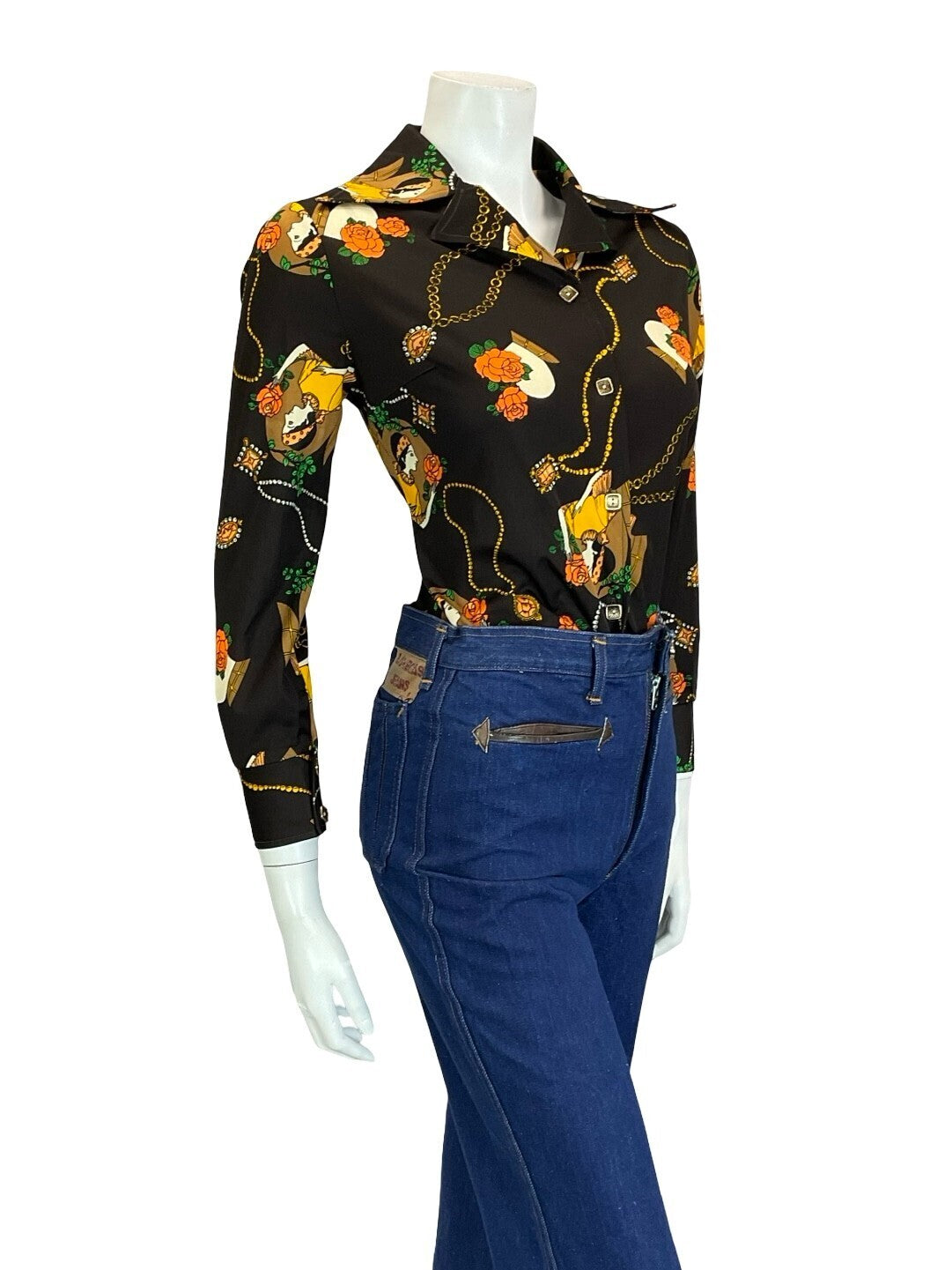 VTG 60S 70S BROWN ORANGE YELLOW CREAM WOMAN ROSE ART DECO DAGGER NOTCH SHIRT 10