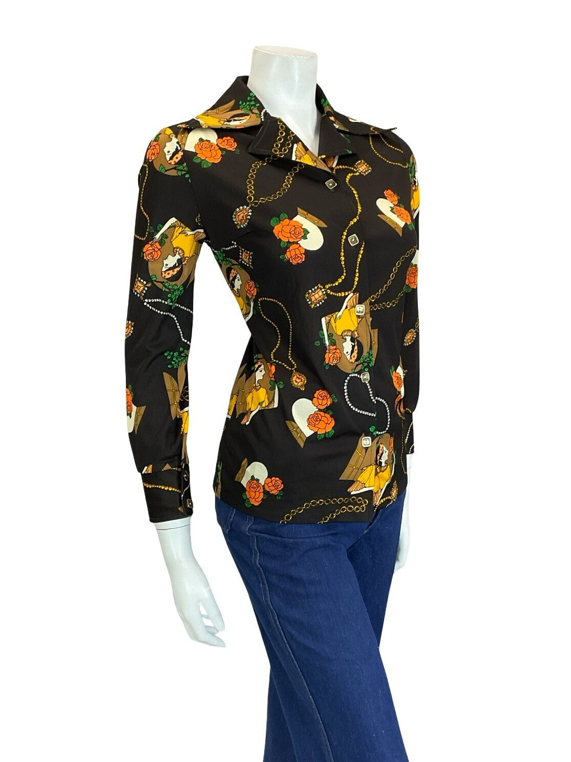 VTG 60S 70S BROWN ORANGE YELLOW CREAM WOMAN ROSE ART DECO DAGGER NOTCH SHIRT 10
