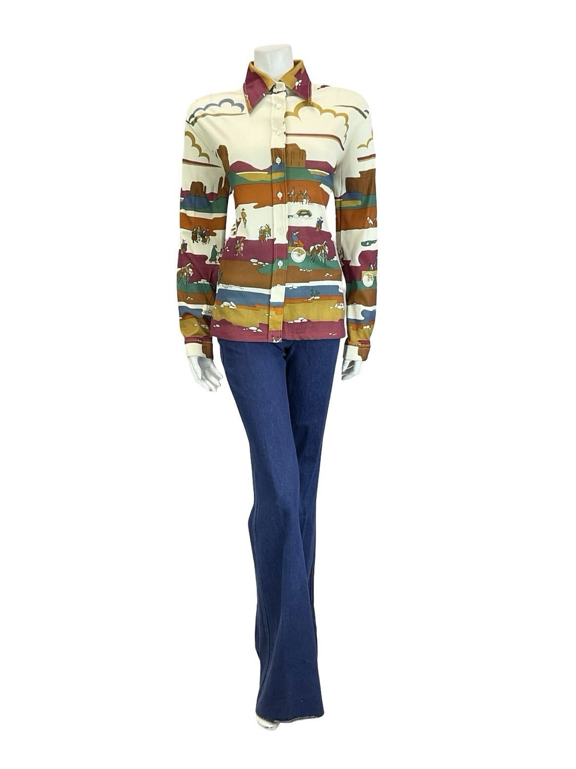 VTG 60S 70S CREAM RED BROWN BLUE GREEN WESTERN INDIAN CANYON SCENE SHIRT 16