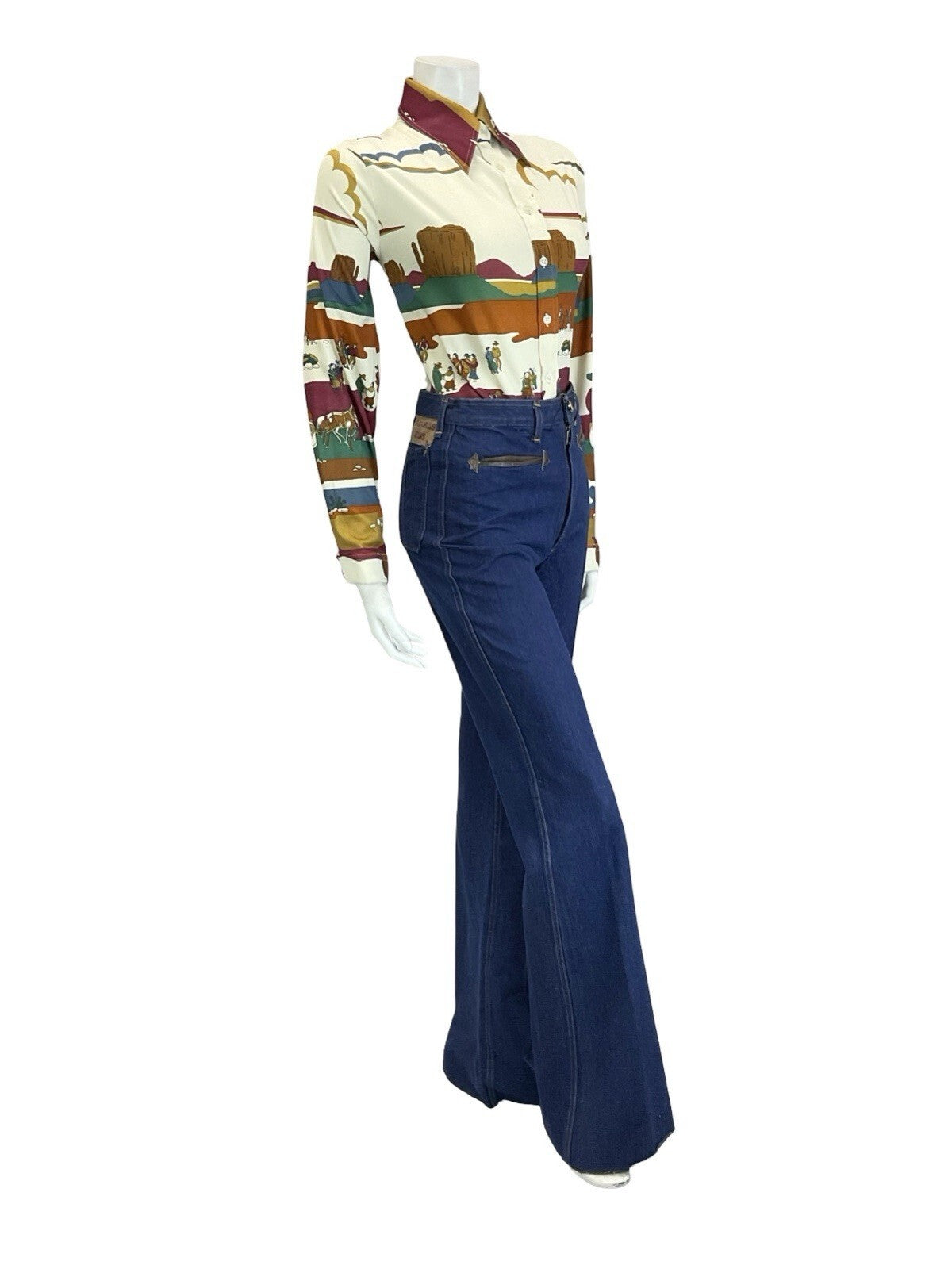 VTG 60S 70S CREAM RED BROWN BLUE GREEN WESTERN INDIAN CANYON SCENE SHIRT 16