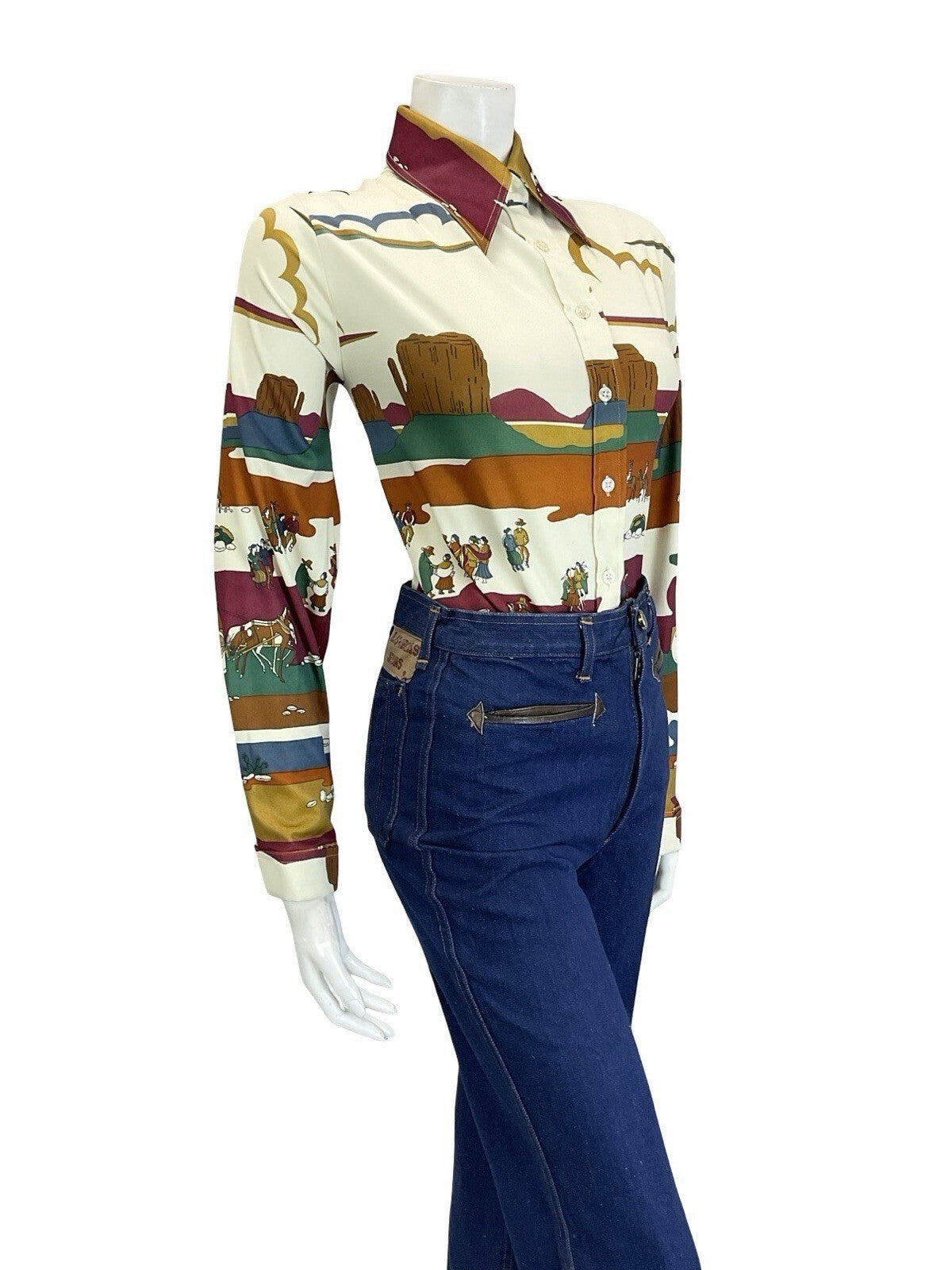 VTG 60S 70S CREAM RED BROWN BLUE GREEN WESTERN INDIAN CANYON SCENE SHIRT 16