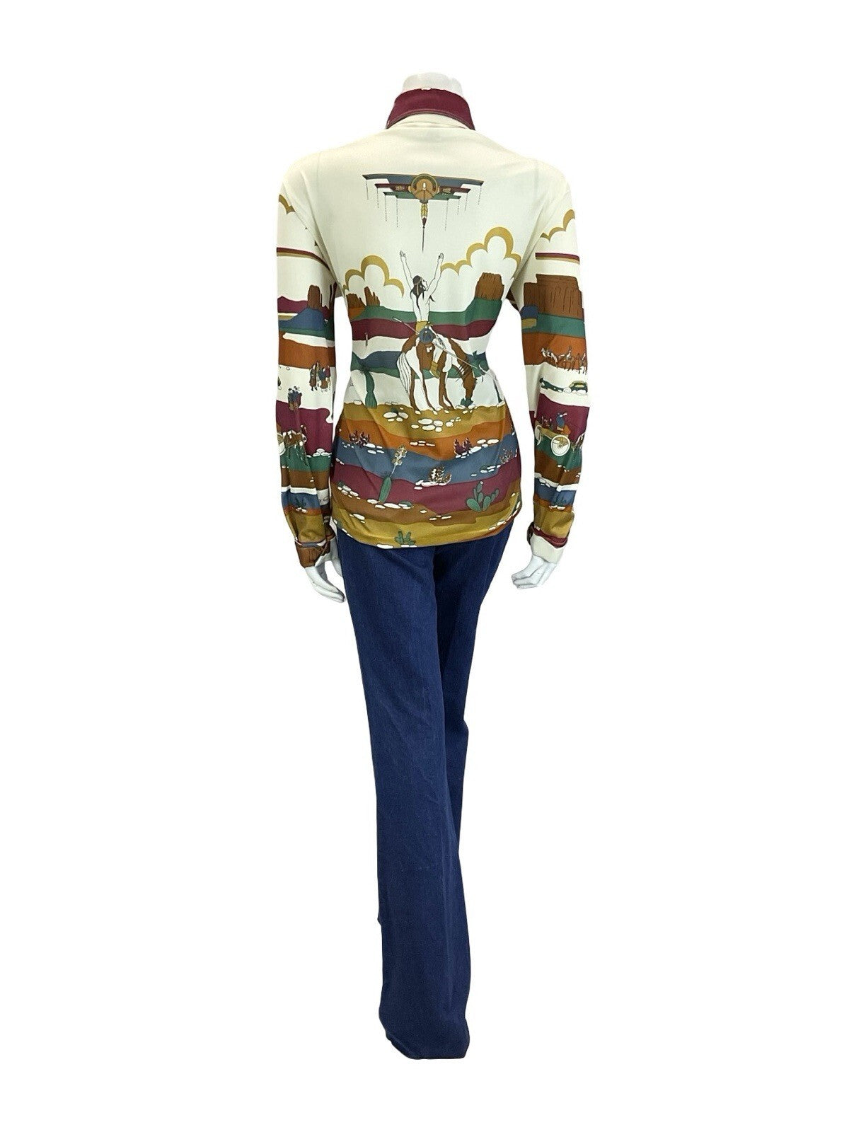 VTG 60S 70S CREAM RED BROWN BLUE GREEN WESTERN INDIAN CANYON SCENE SHIRT 16