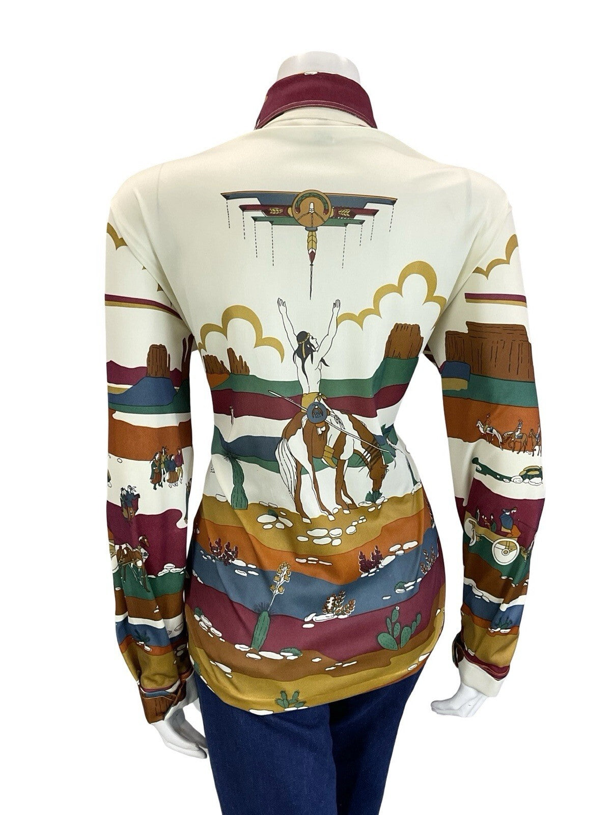 VTG 60S 70S CREAM RED BROWN BLUE GREEN WESTERN INDIAN CANYON SCENE SHIRT 16