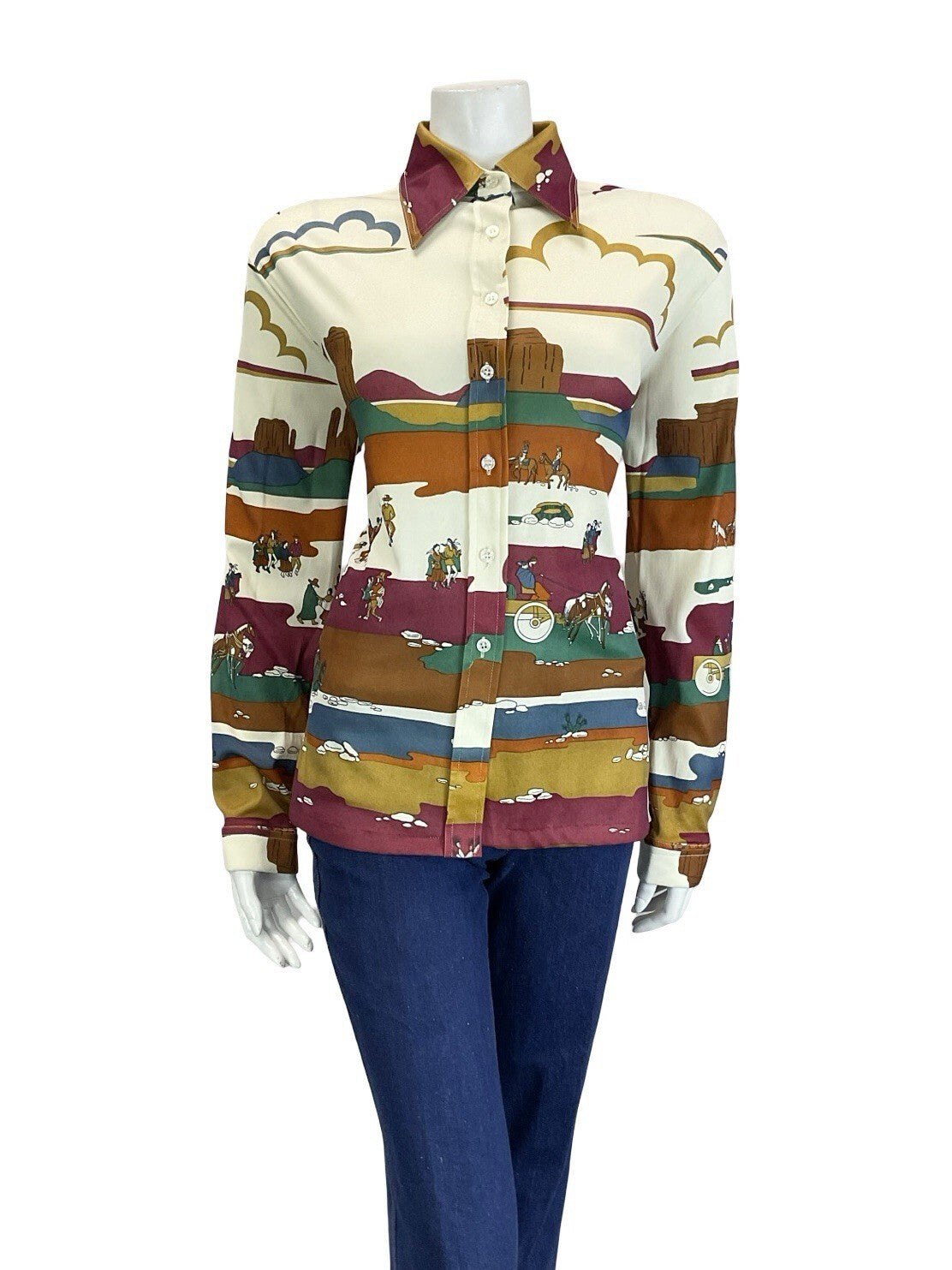 VTG 60S 70S CREAM RED BROWN BLUE GREEN WESTERN INDIAN CANYON SCENE SHIRT 16