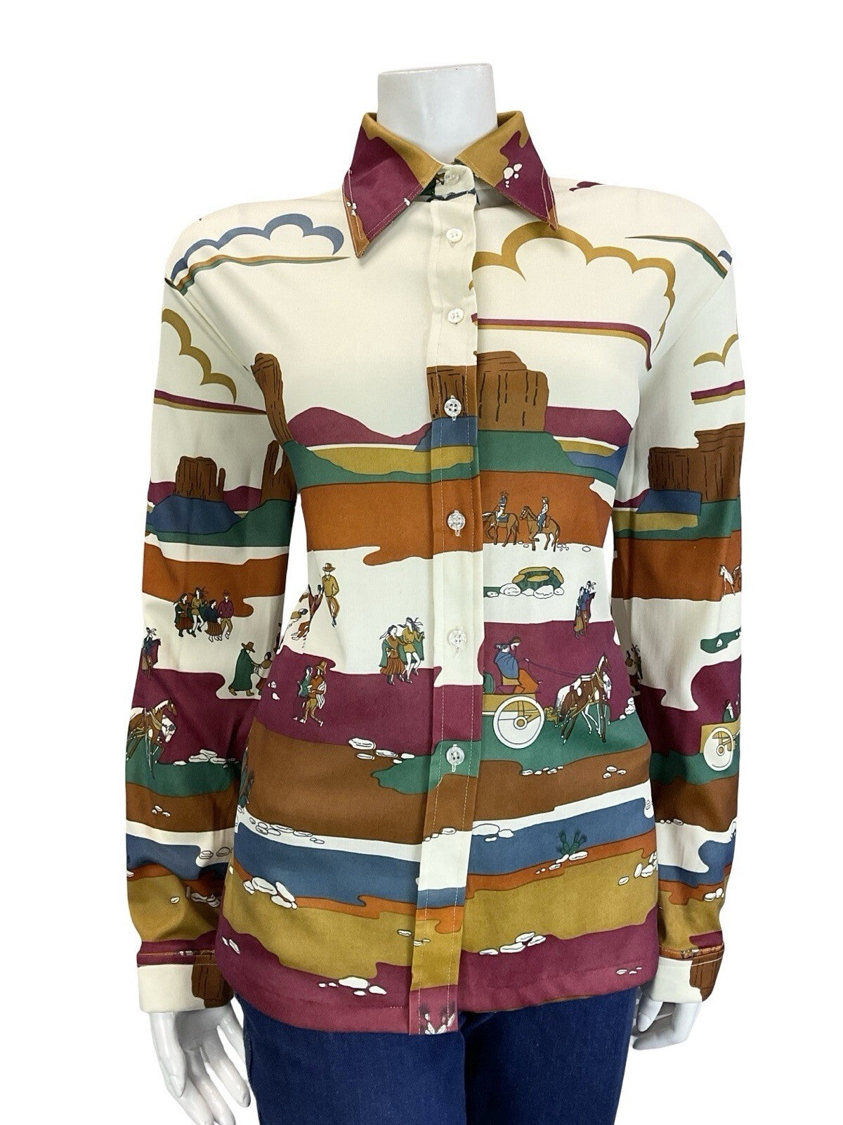 VTG 60S 70S CREAM RED BROWN BLUE GREEN WESTERN INDIAN CANYON SCENE SHIRT 16