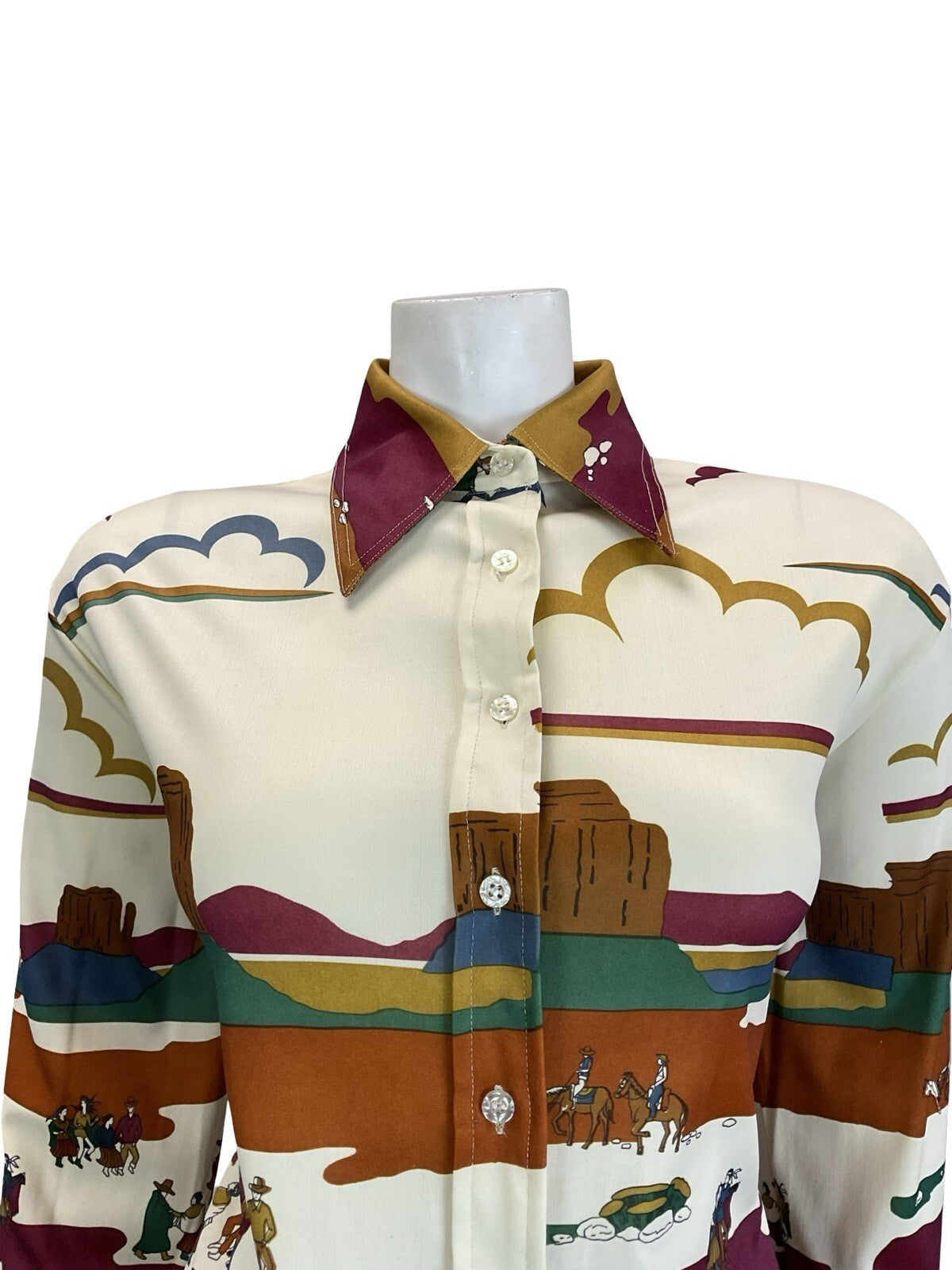 VTG 60S 70S CREAM RED BROWN BLUE GREEN WESTERN INDIAN CANYON SCENE SHIRT 16