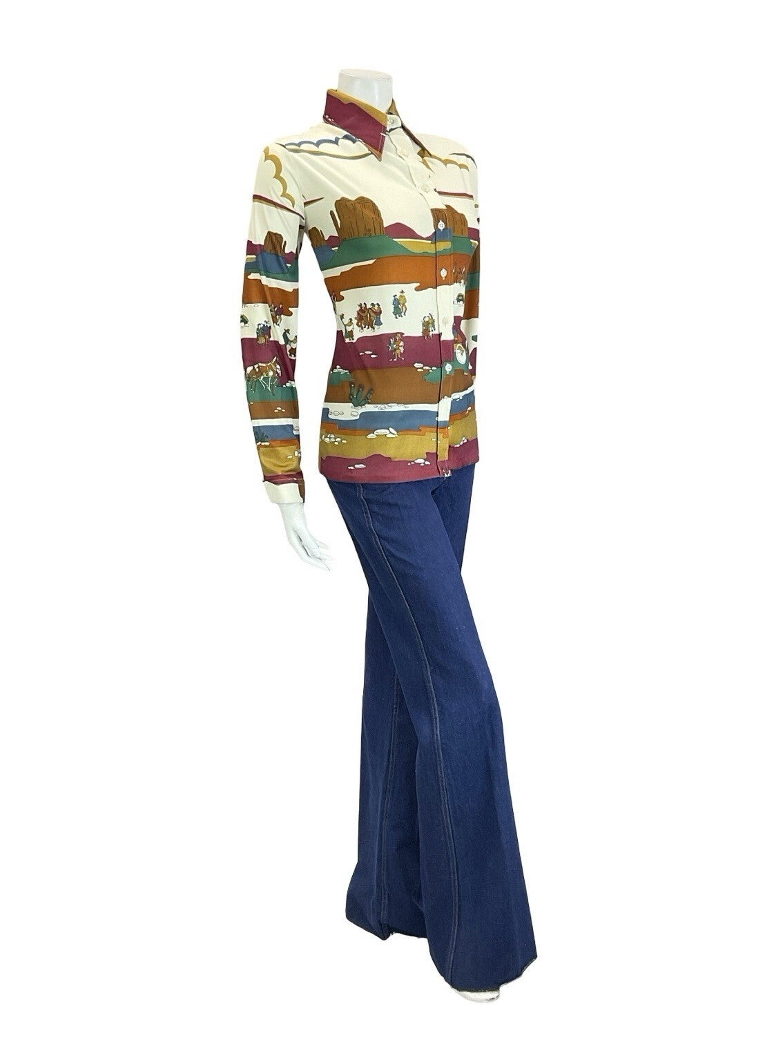 VTG 60S 70S CREAM RED BROWN BLUE GREEN WESTERN INDIAN CANYON SCENE SHIRT 16