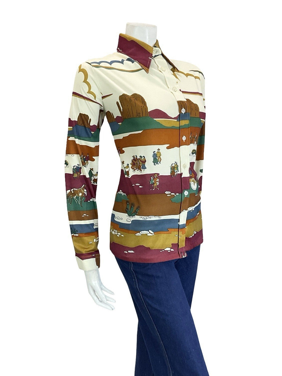 VTG 60S 70S CREAM RED BROWN BLUE GREEN WESTERN INDIAN CANYON SCENE SHIRT 16