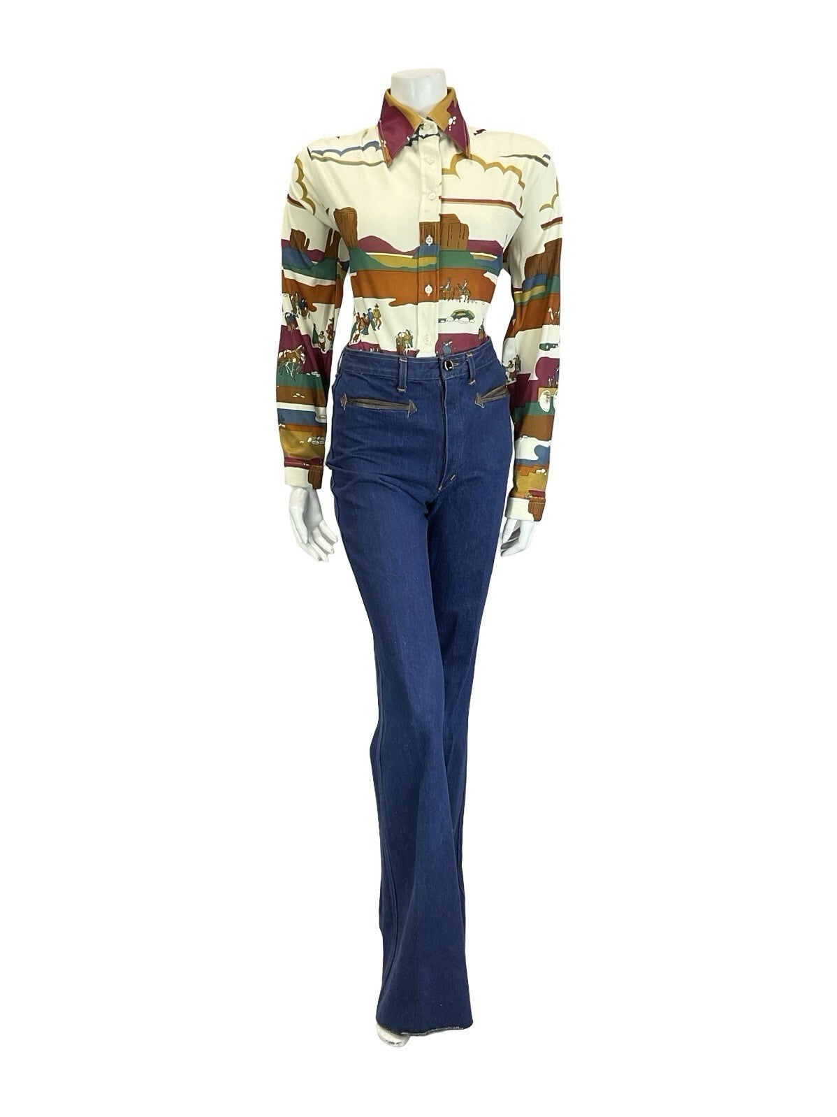 VTG 60S 70S CREAM RED BROWN BLUE GREEN WESTERN INDIAN CANYON SCENE SHIRT 16