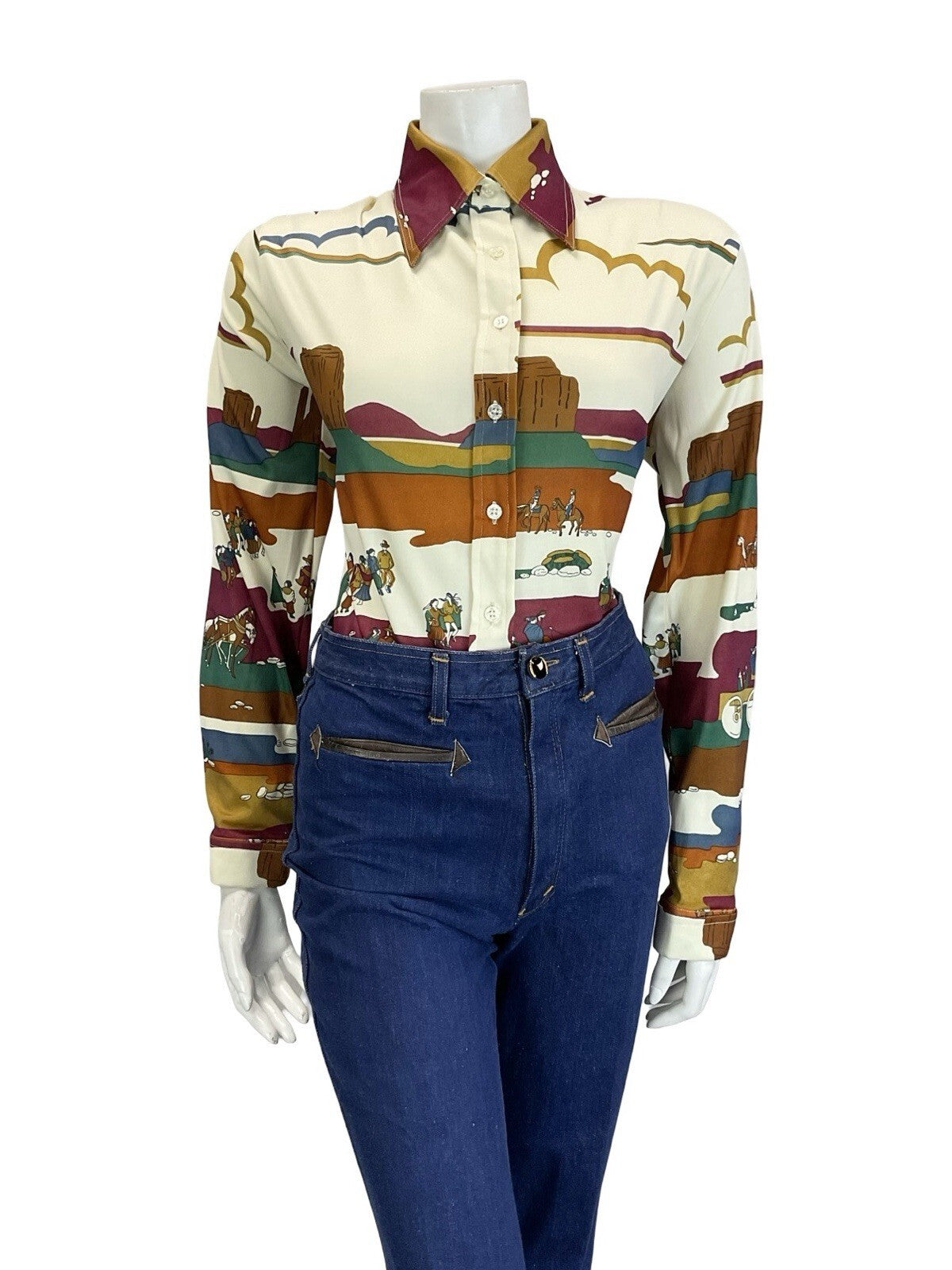 VTG 60S 70S CREAM RED BROWN BLUE GREEN WESTERN INDIAN CANYON SCENE SHIRT 16