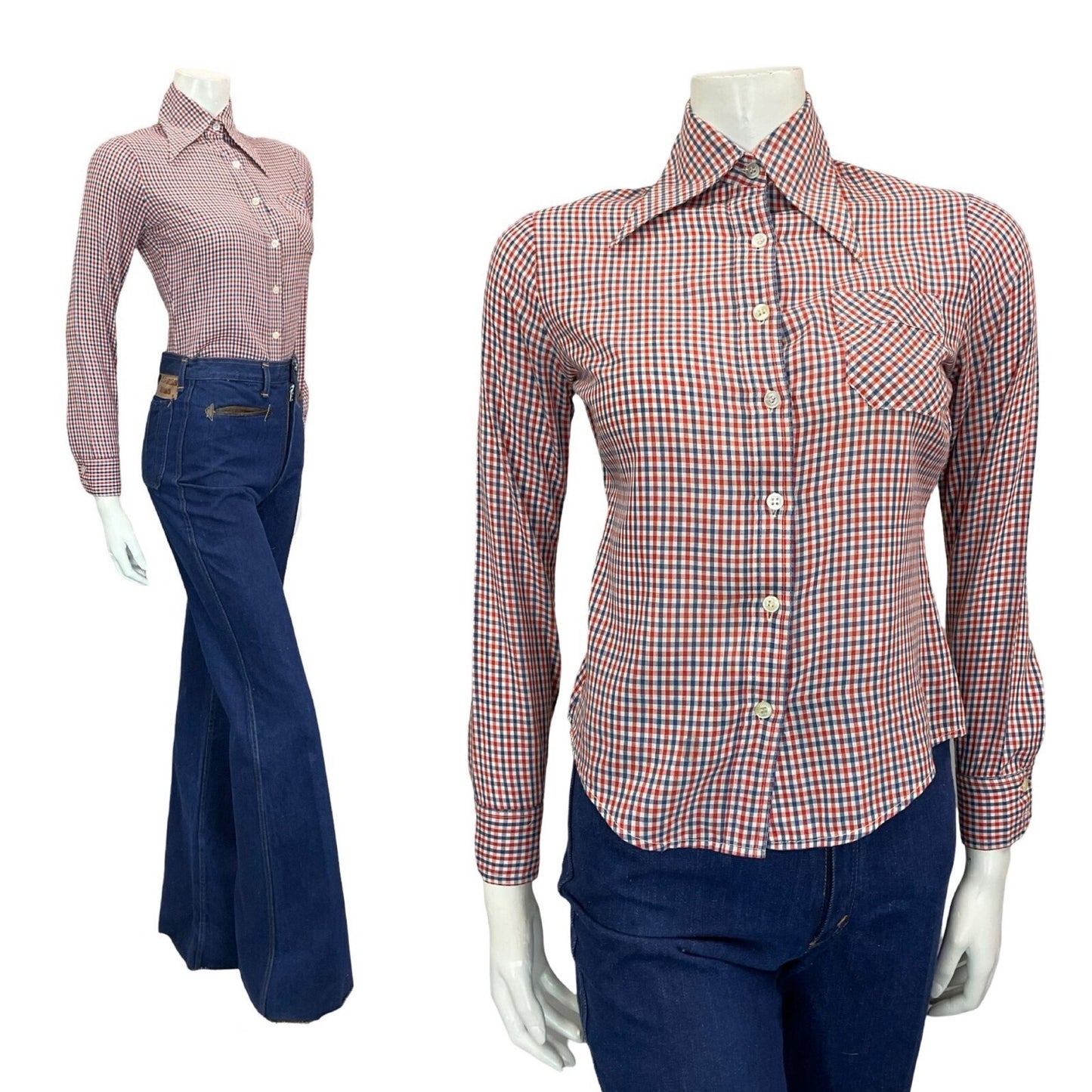 VTG 60S 70S PRAIRIE COTTAGE RED WHITE BLUE GINGHAM DAGGER COLLAR SHIRT S 8 10