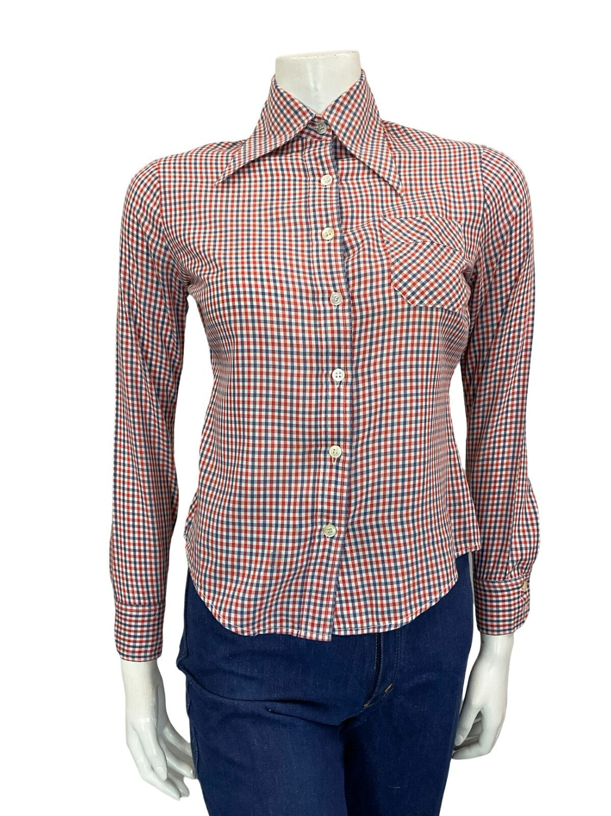VTG 60S 70S PRAIRIE COTTAGE RED WHITE BLUE GINGHAM DAGGER COLLAR SHIRT S 8 10