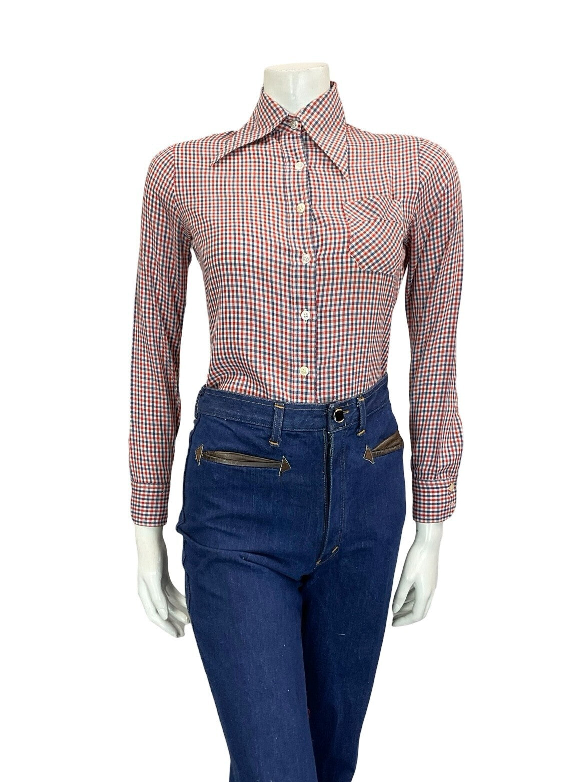 VTG 60S 70S PRAIRIE COTTAGE RED WHITE BLUE GINGHAM DAGGER COLLAR SHIRT S 8 10