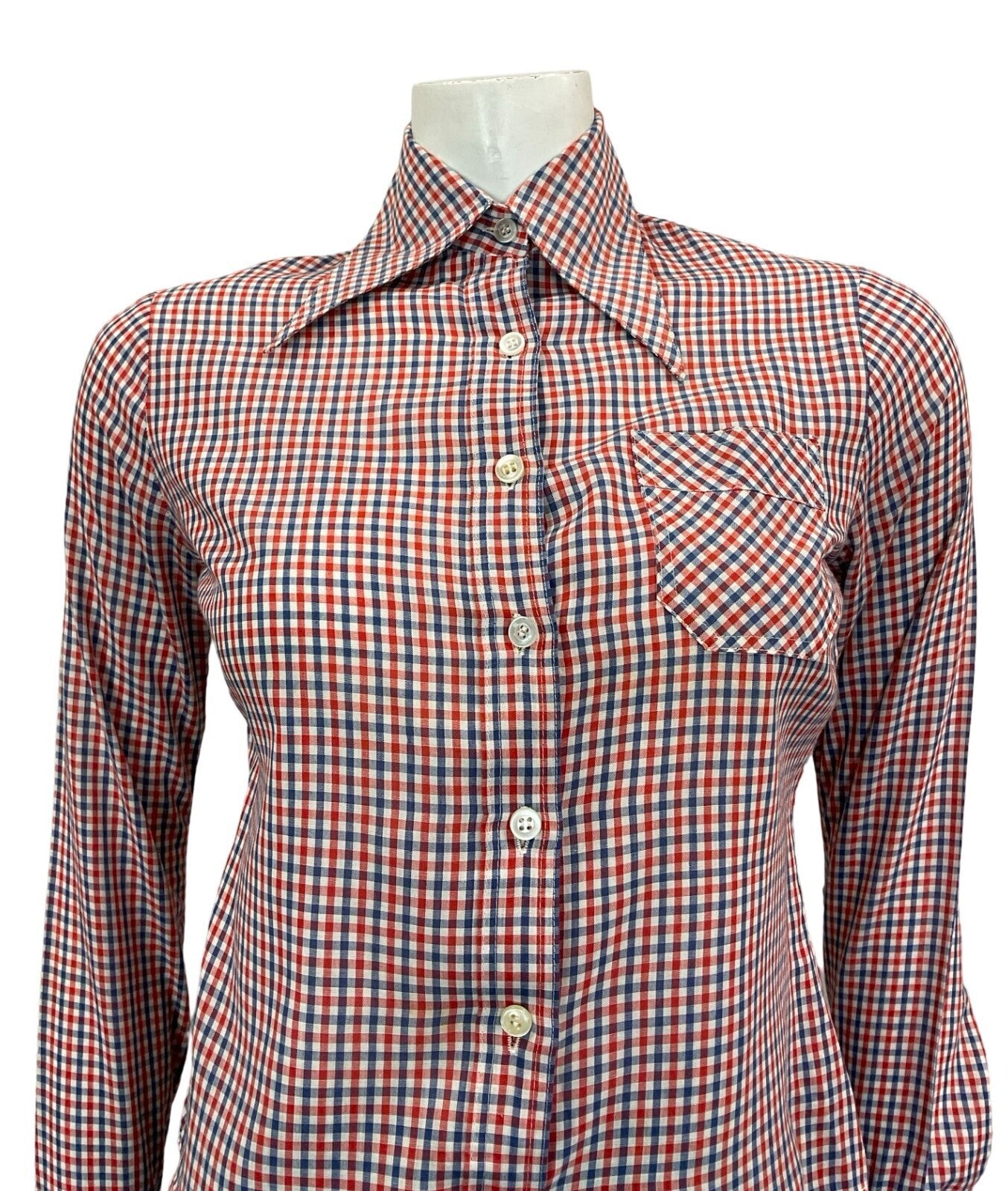 VTG 60S 70S PRAIRIE COTTAGE RED WHITE BLUE GINGHAM DAGGER COLLAR SHIRT S 8 10
