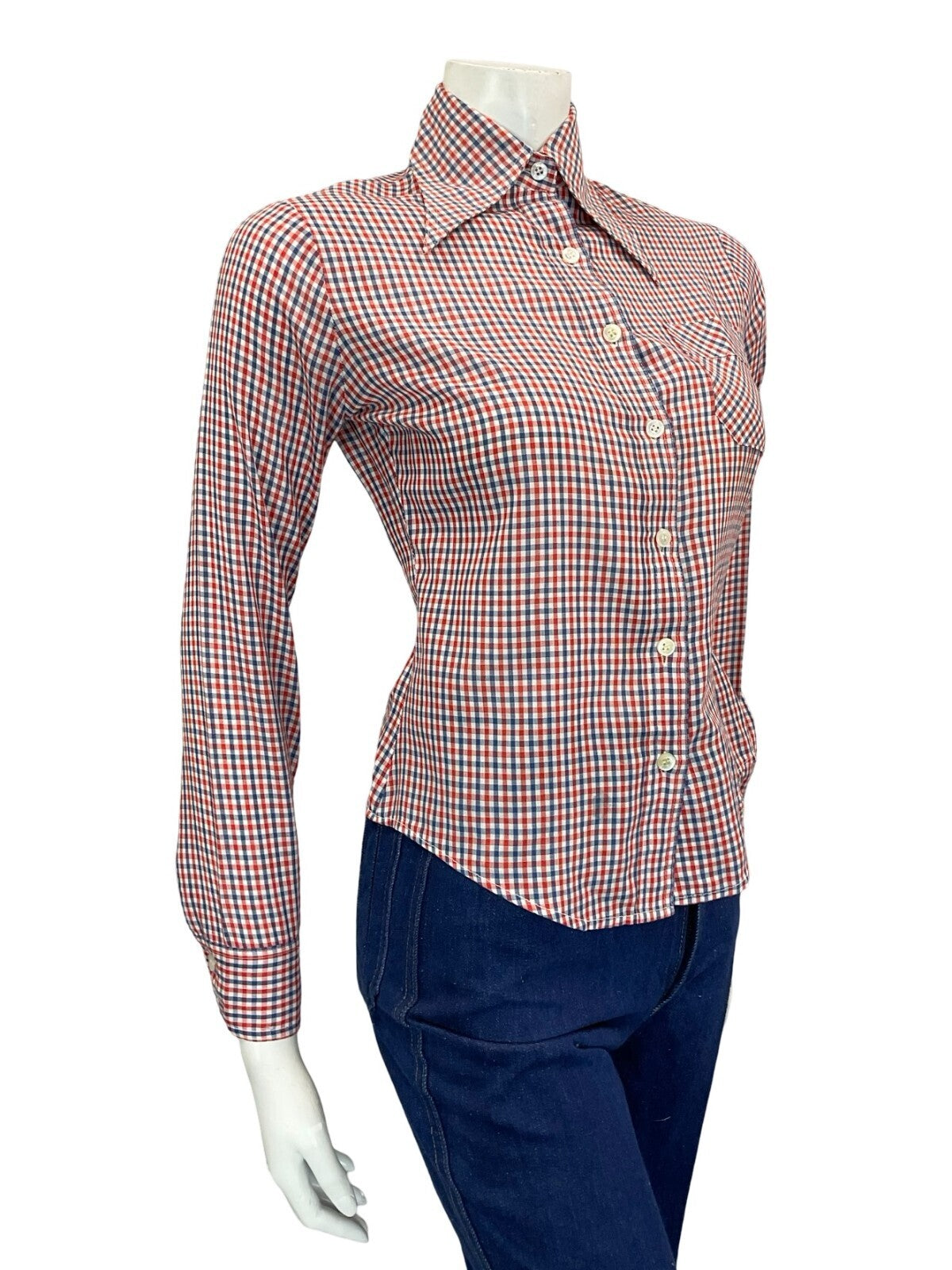 VTG 60S 70S PRAIRIE COTTAGE RED WHITE BLUE GINGHAM DAGGER COLLAR SHIRT S 8 10