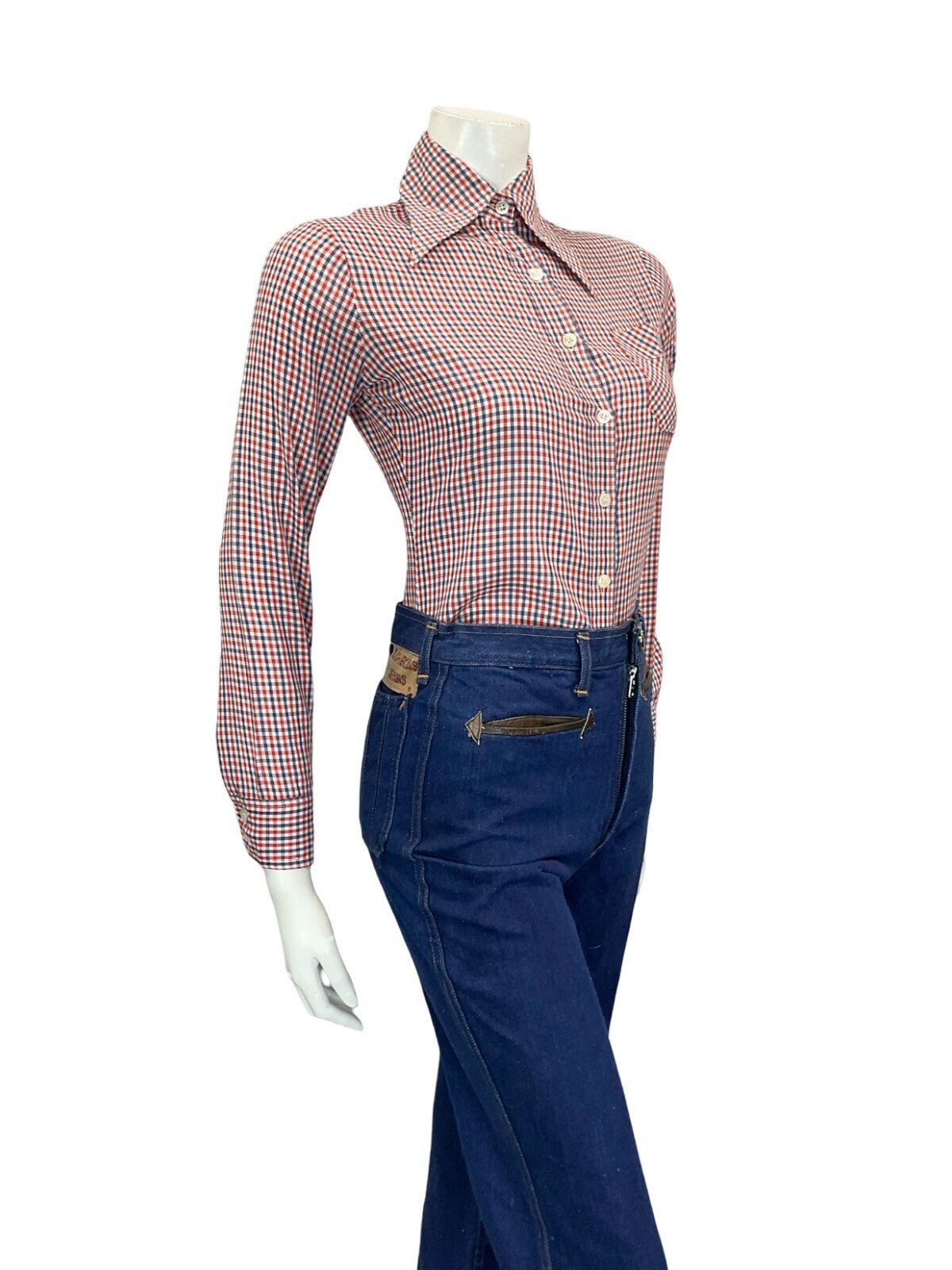 VTG 60S 70S PRAIRIE COTTAGE RED WHITE BLUE GINGHAM DAGGER COLLAR SHIRT S 8 10