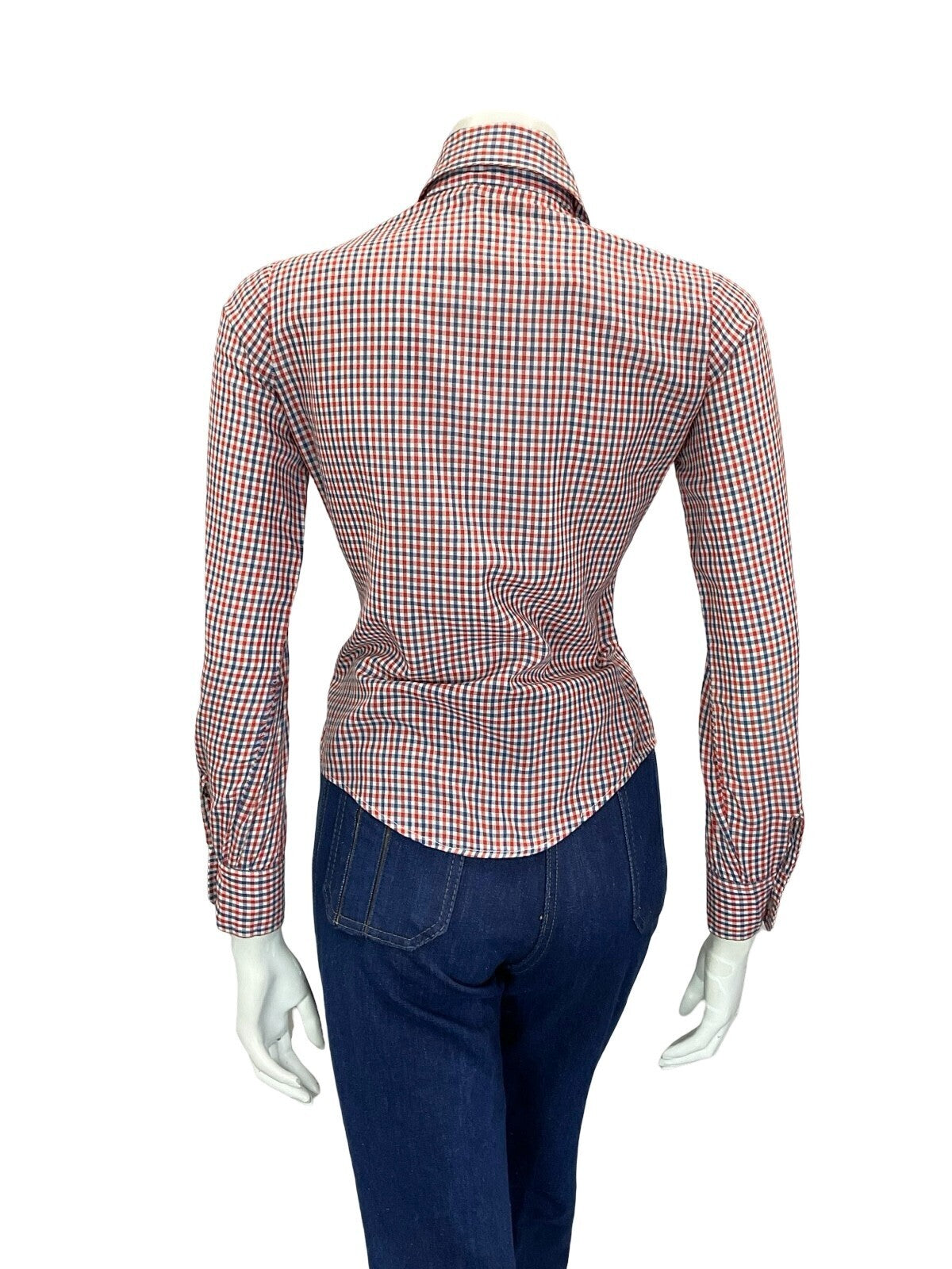 VTG 60S 70S PRAIRIE COTTAGE RED WHITE BLUE GINGHAM DAGGER COLLAR SHIRT S 8 10