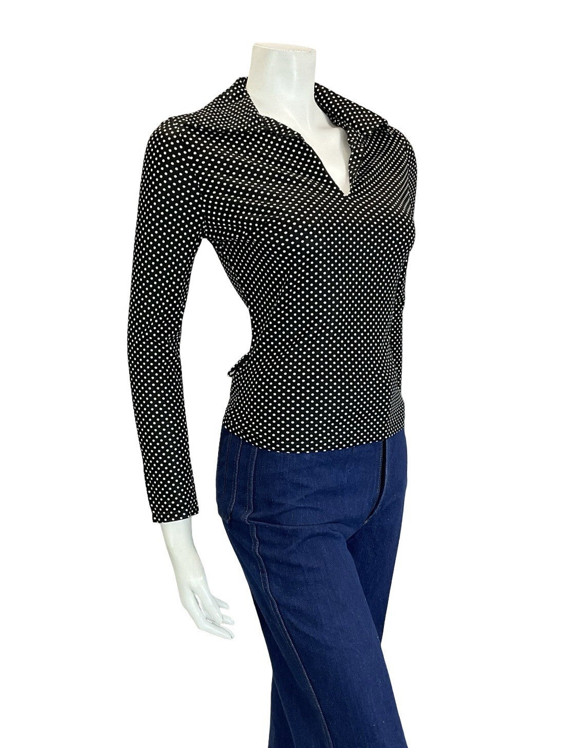 VTG 60S 70S BLACK WHITE GEOMETRIC POLKA DOT OPEN WING COLLAR STRETCHY BLOUSE 6