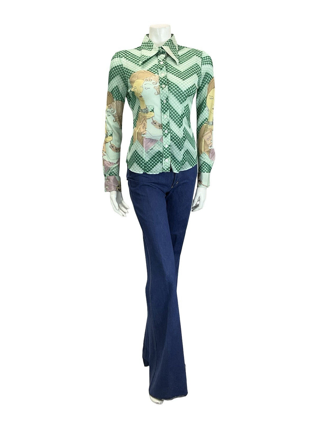VTG 60S 70S GREEN CREAM BLUE ART DECO ZIG ZAG WOMAN ILLUSTRATION DAGGER SHIRT 8