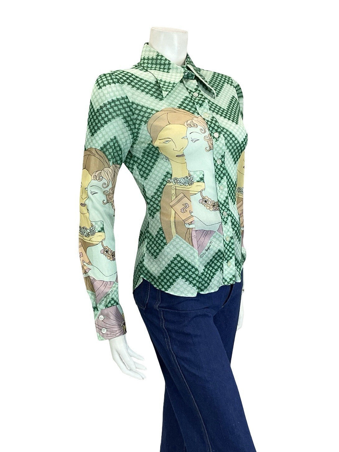 VTG 60S 70S GREEN CREAM BLUE ART DECO ZIG ZAG WOMAN ILLUSTRATION DAGGER SHIRT 8