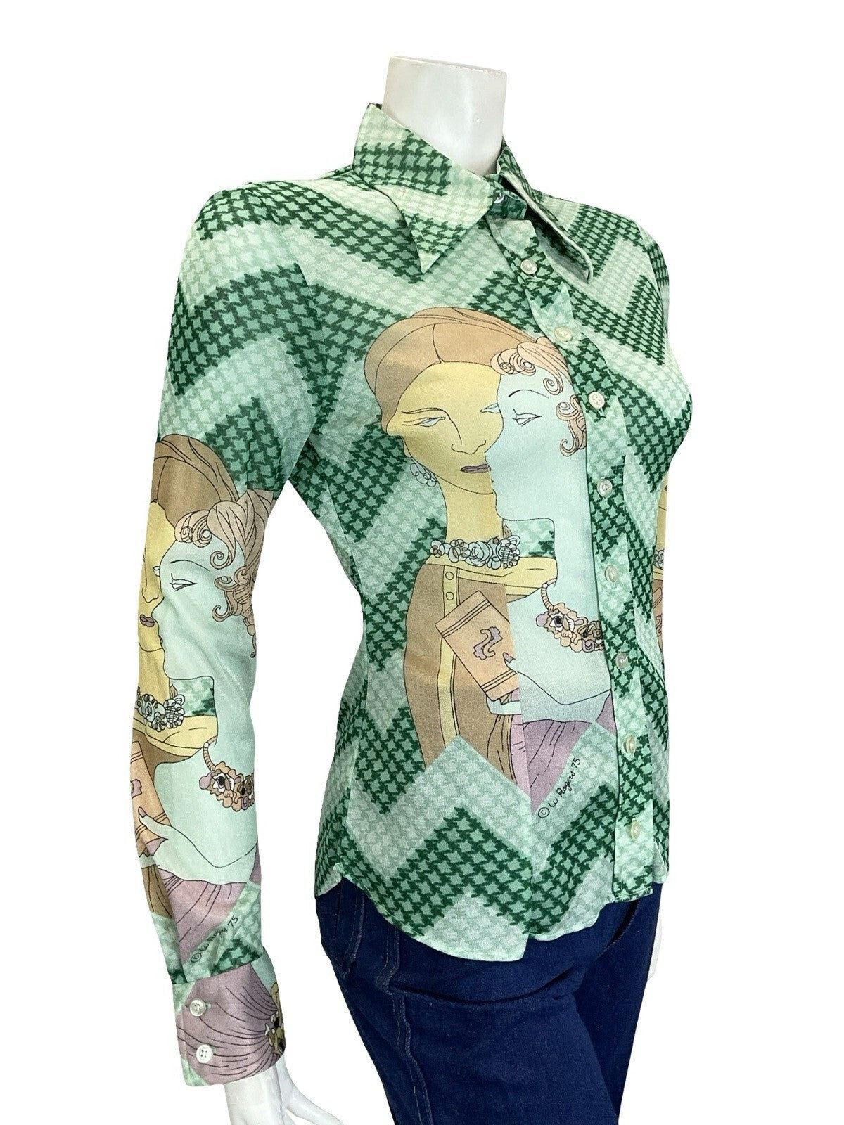 VTG 60S 70S GREEN CREAM BLUE ART DECO ZIG ZAG WOMAN ILLUSTRATION DAGGER SHIRT 8