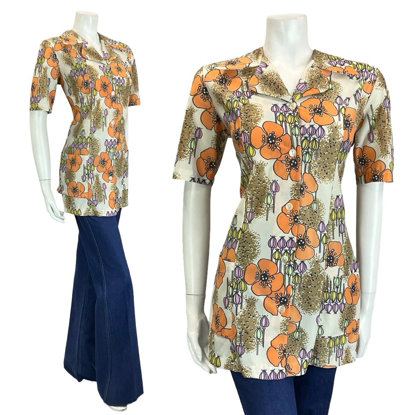 VTG 60S 70S CREAM ORANGE PINK YELLOW POPPY FLORAL NOTCH LAPEL TUNIC SHIRT 12
