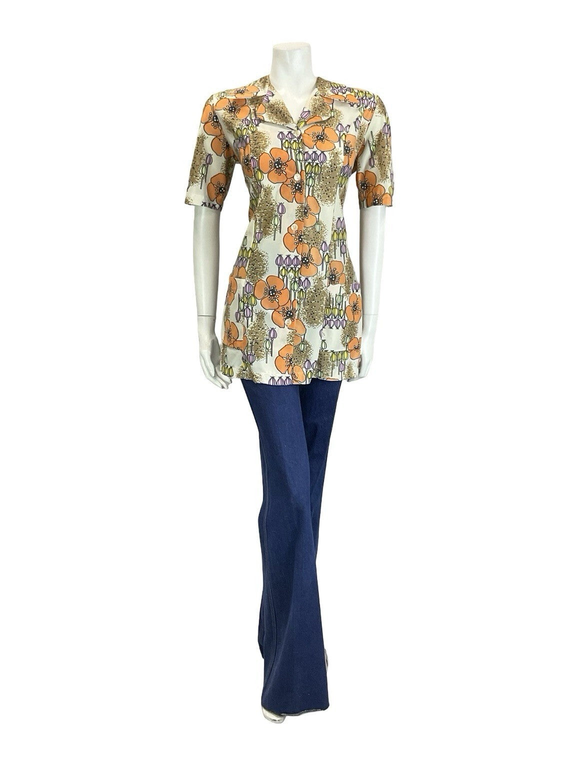 VTG 60S 70S CREAM ORANGE PINK YELLOW POPPY FLORAL NOTCH LAPEL TUNIC SHIRT 12