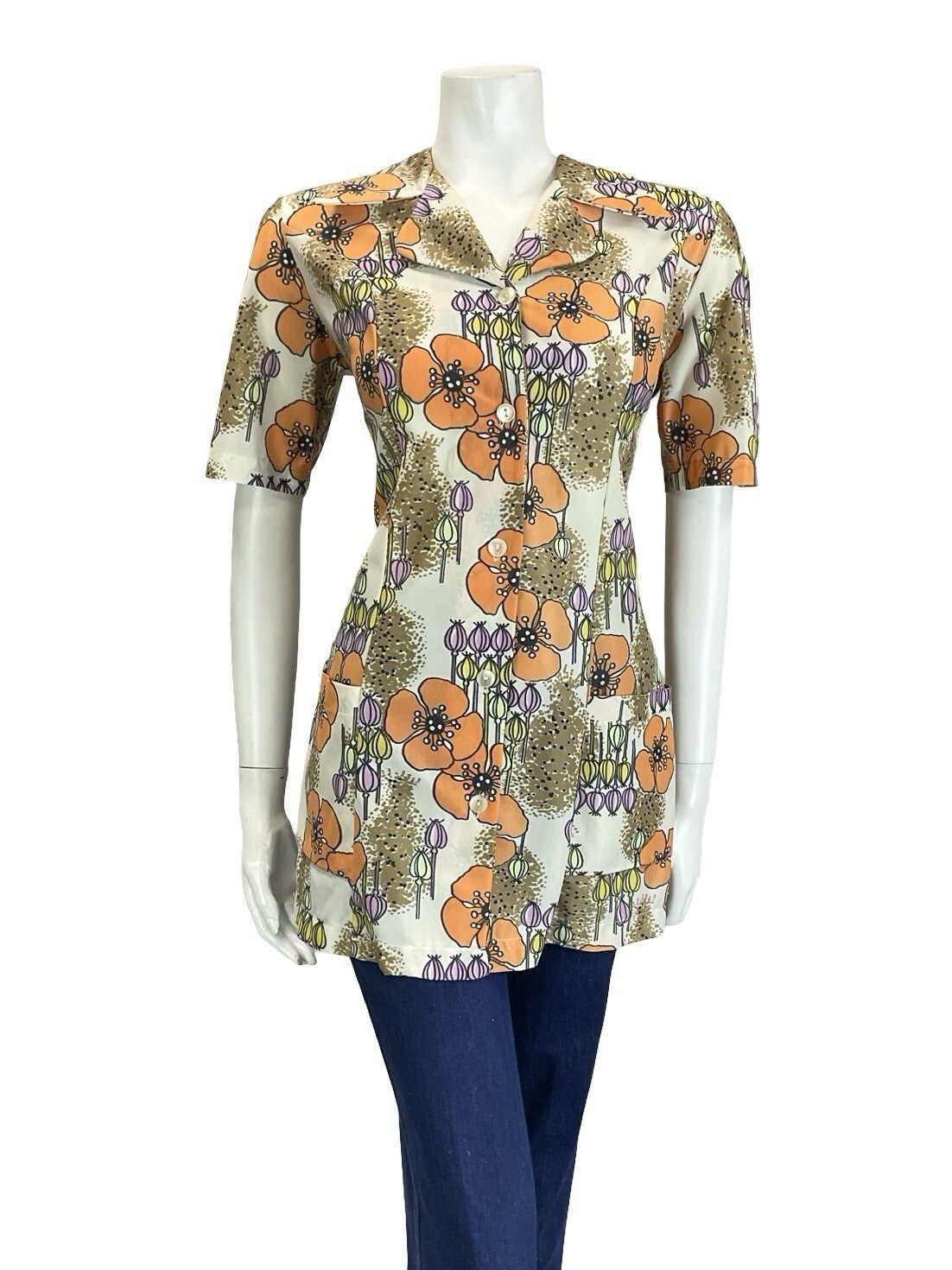 VTG 60S 70S CREAM ORANGE PINK YELLOW POPPY FLORAL NOTCH LAPEL TUNIC SHIRT 12