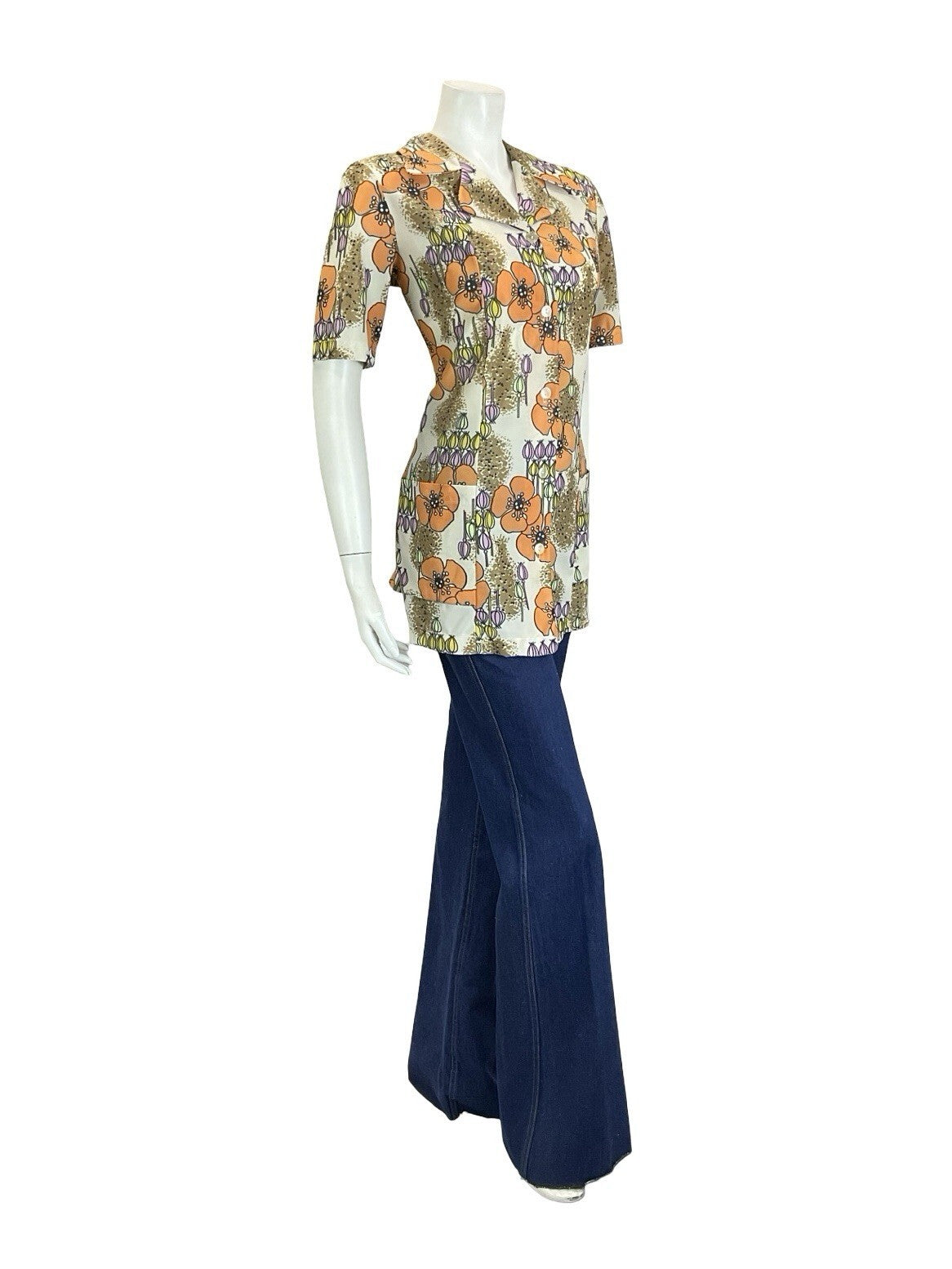 VTG 60S 70S CREAM ORANGE PINK YELLOW POPPY FLORAL NOTCH LAPEL TUNIC SHIRT 12