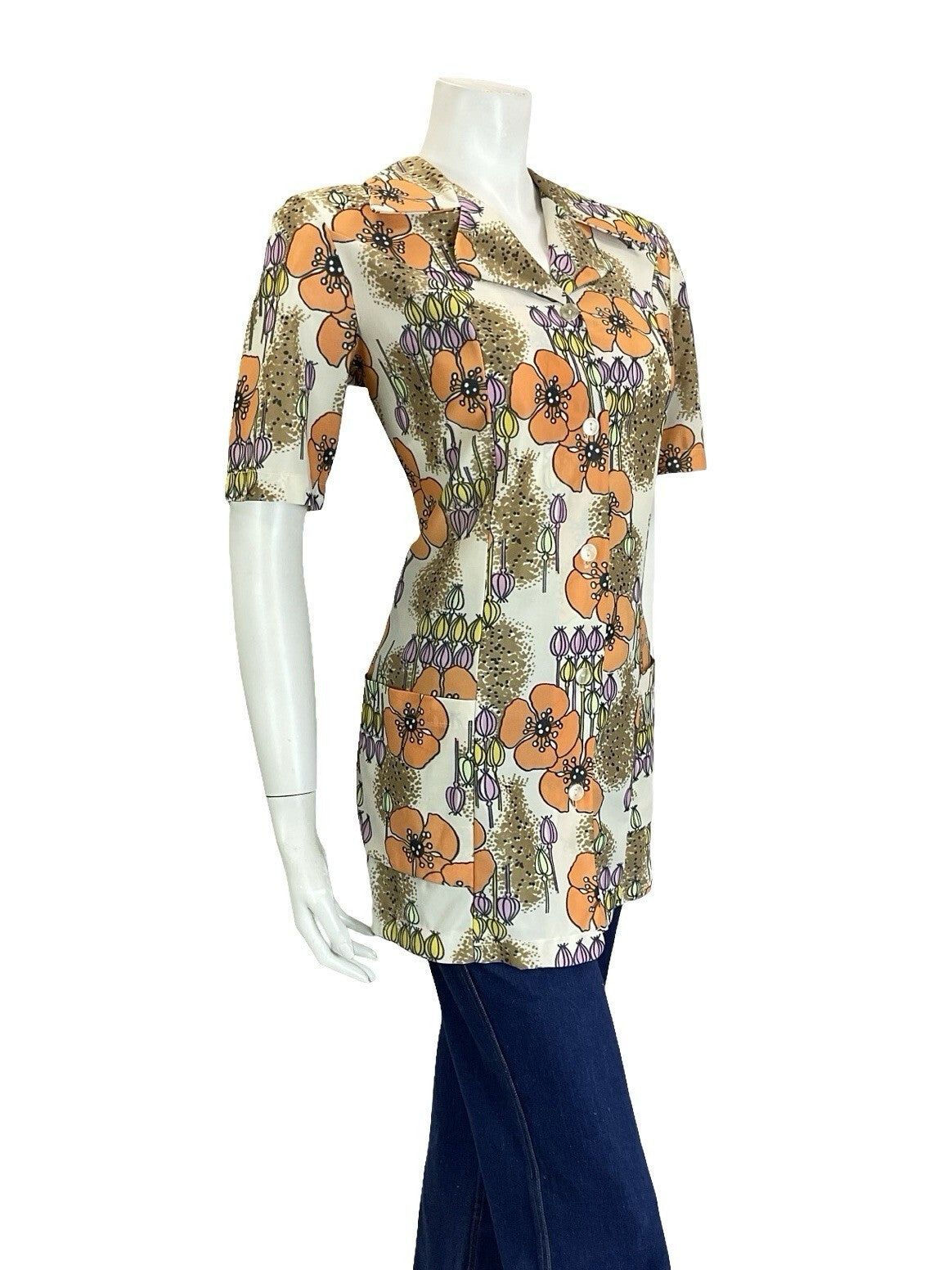 VTG 60S 70S CREAM ORANGE PINK YELLOW POPPY FLORAL NOTCH LAPEL TUNIC SHIRT 12
