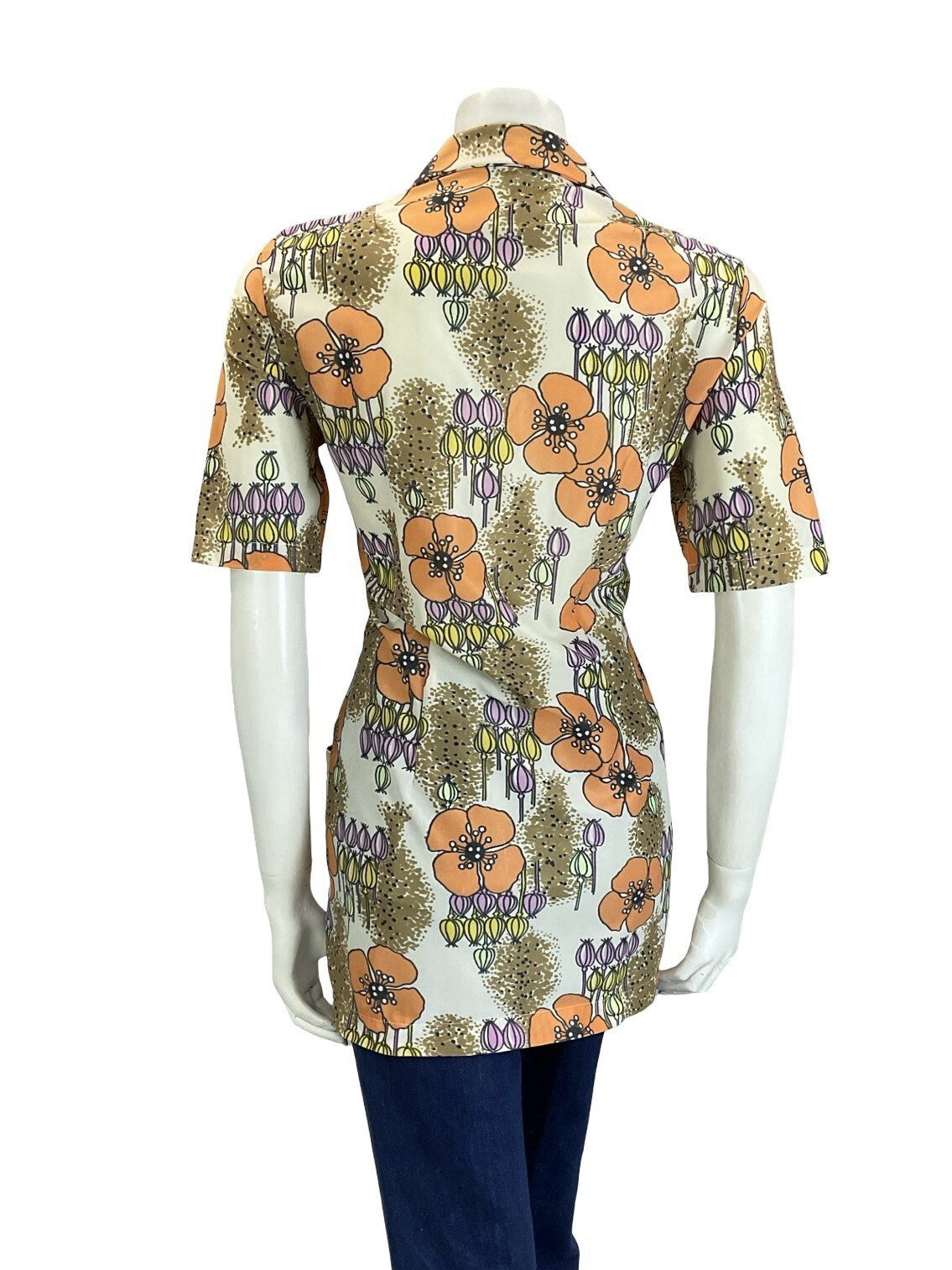 VTG 60S 70S CREAM ORANGE PINK YELLOW POPPY FLORAL NOTCH LAPEL TUNIC SHIRT 12