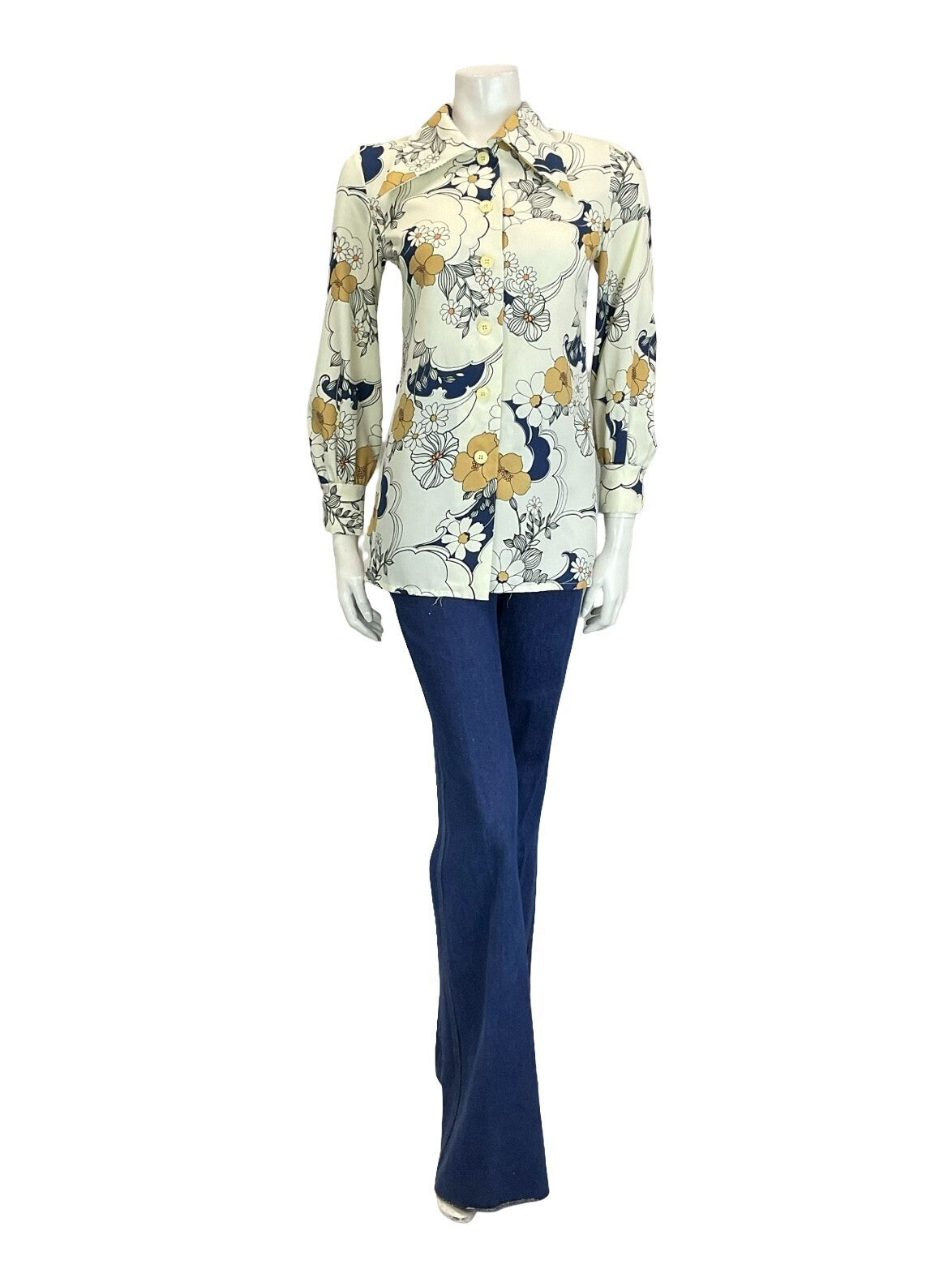VTG 60S 70S WHITE BEIGE NAVY BLUE BLACK FLORAL SWIRL DAGGER COLLAR SHIRT 10