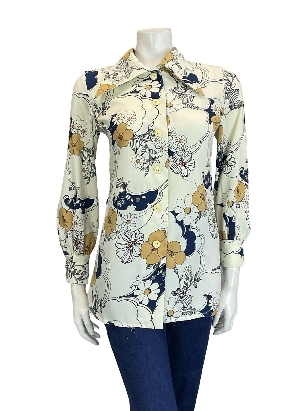 VTG 60S 70S WHITE BEIGE NAVY BLUE BLACK FLORAL SWIRL DAGGER COLLAR SHIRT 10