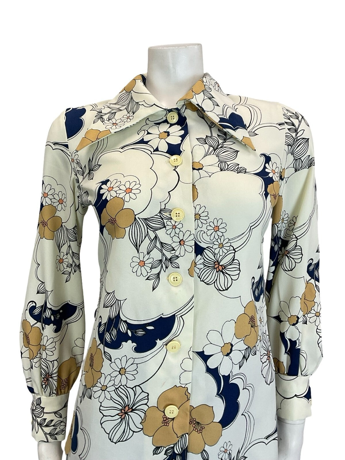 VTG 60S 70S WHITE BEIGE NAVY BLUE BLACK FLORAL SWIRL DAGGER COLLAR SHIRT 10