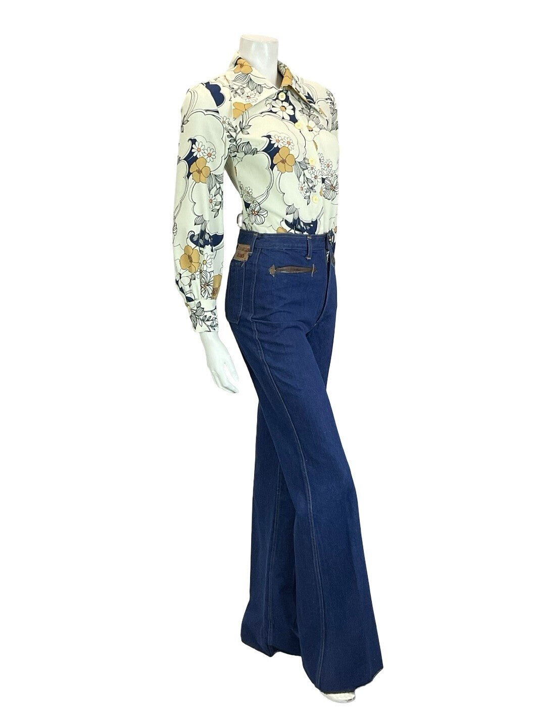 VTG 60S 70S WHITE BEIGE NAVY BLUE BLACK FLORAL SWIRL DAGGER COLLAR SHIRT 10