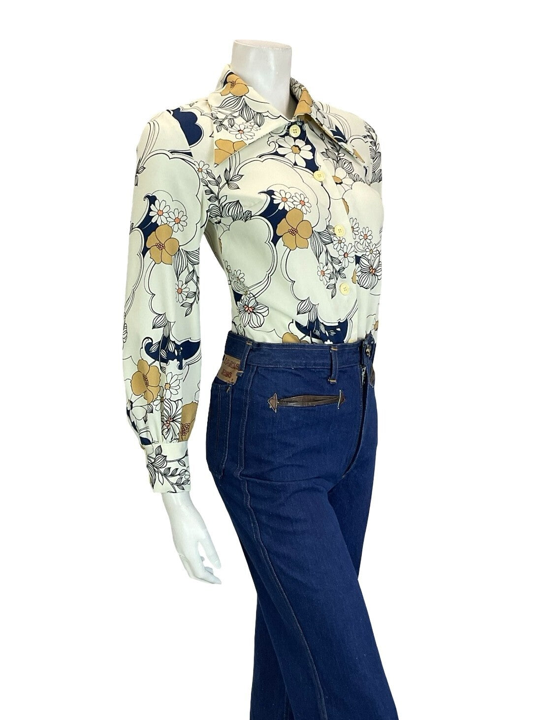 VTG 60S 70S WHITE BEIGE NAVY BLUE BLACK FLORAL SWIRL DAGGER COLLAR SHIRT 10