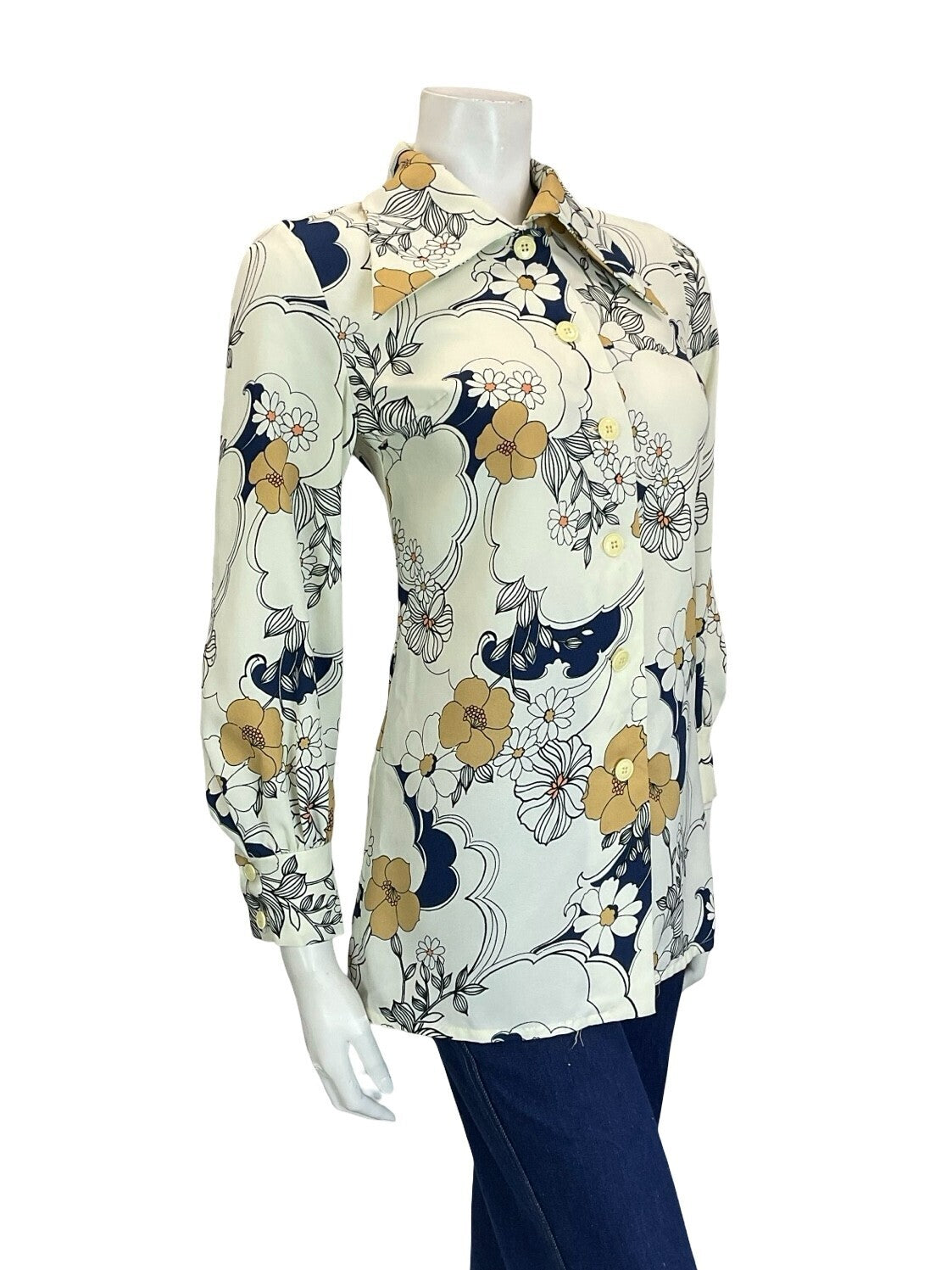 VTG 60S 70S WHITE BEIGE NAVY BLUE BLACK FLORAL SWIRL DAGGER COLLAR SHIRT 10