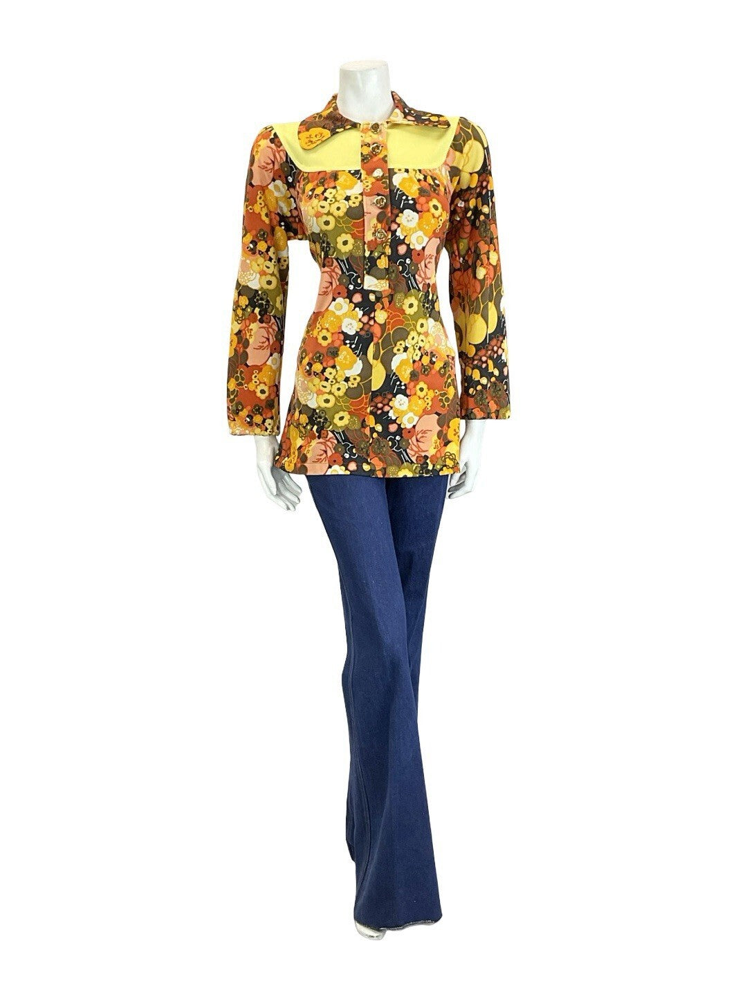 VTG 60S 70S BROWN YELLOW ORANGE PSYCHEDELIC FLORAL DOG EAR YOKE SMOCK BLOUSE 12