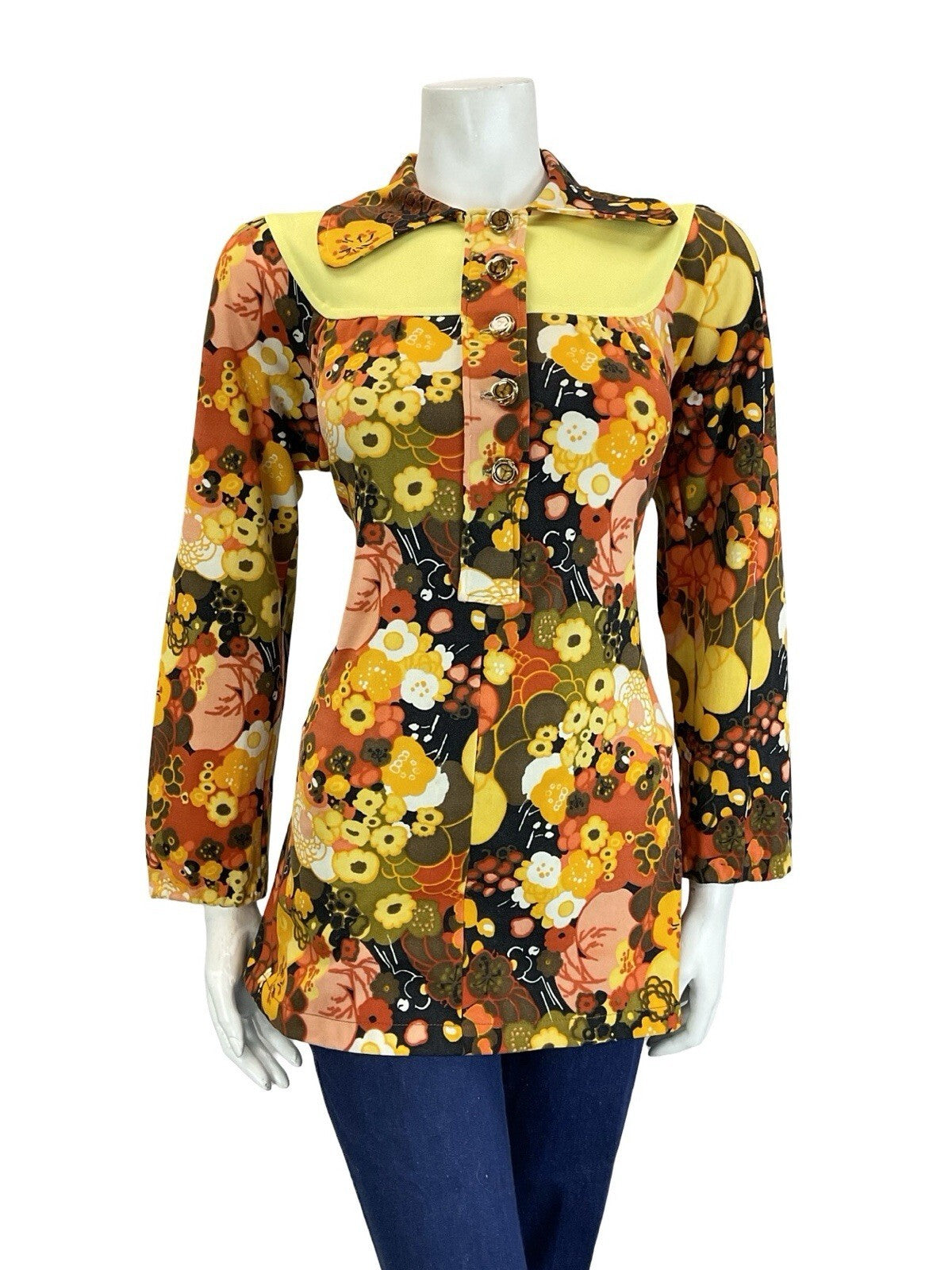VTG 60S 70S BROWN YELLOW ORANGE PSYCHEDELIC FLORAL DOG EAR YOKE SMOCK BLOUSE 12