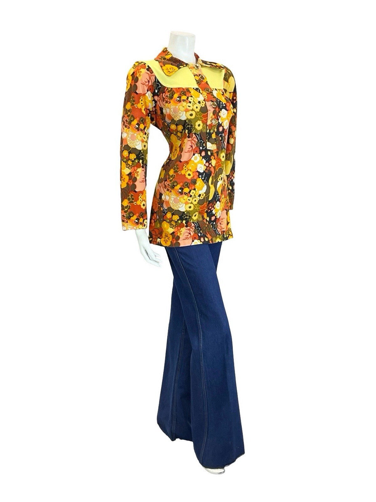 VTG 60S 70S BROWN YELLOW ORANGE PSYCHEDELIC FLORAL DOG EAR YOKE SMOCK BLOUSE 12