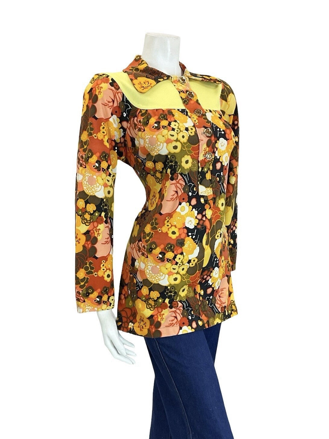 VTG 60S 70S BROWN YELLOW ORANGE PSYCHEDELIC FLORAL DOG EAR YOKE SMOCK BLOUSE 12
