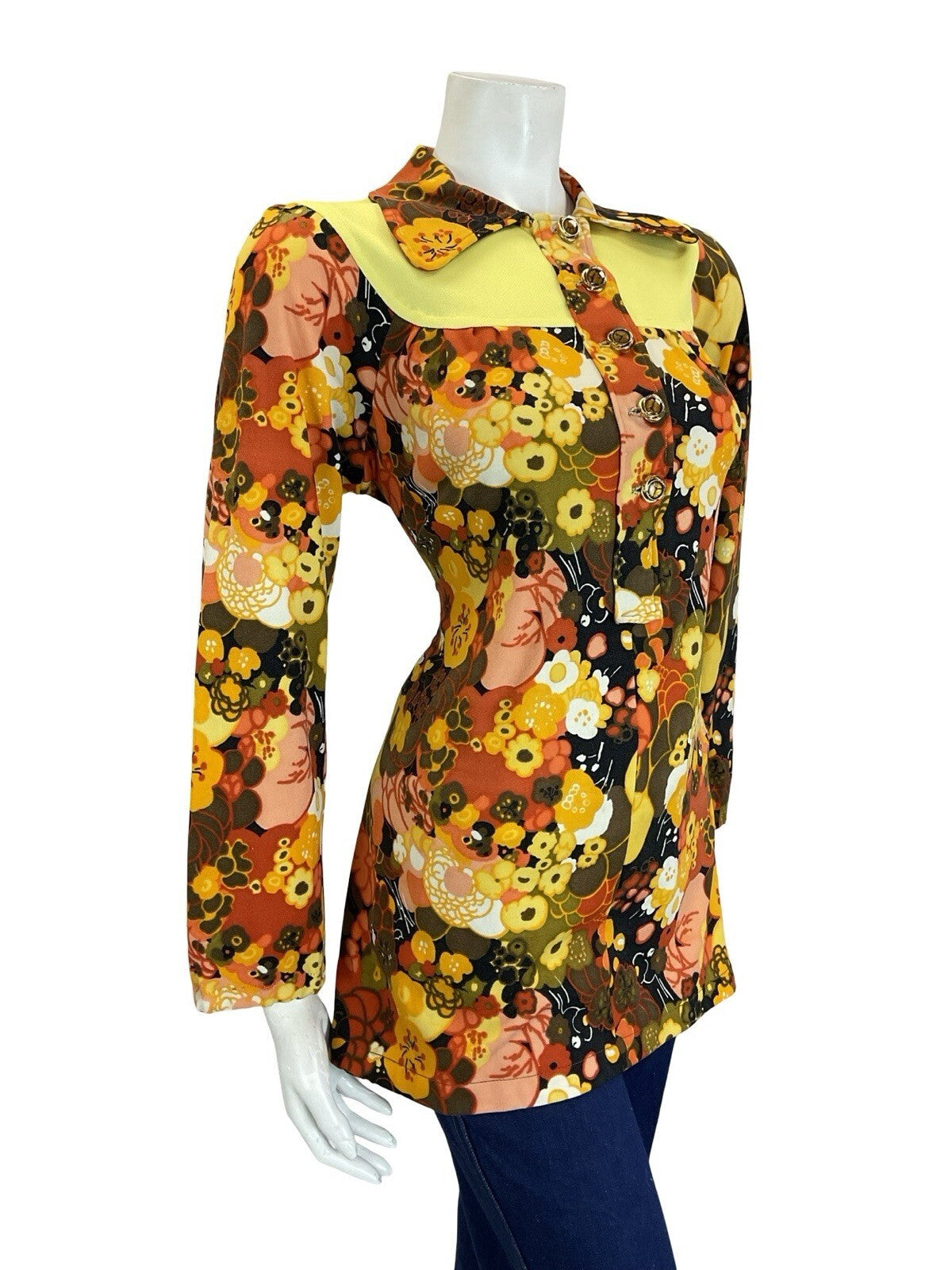 VTG 60S 70S BROWN YELLOW ORANGE PSYCHEDELIC FLORAL DOG EAR YOKE SMOCK BLOUSE 12