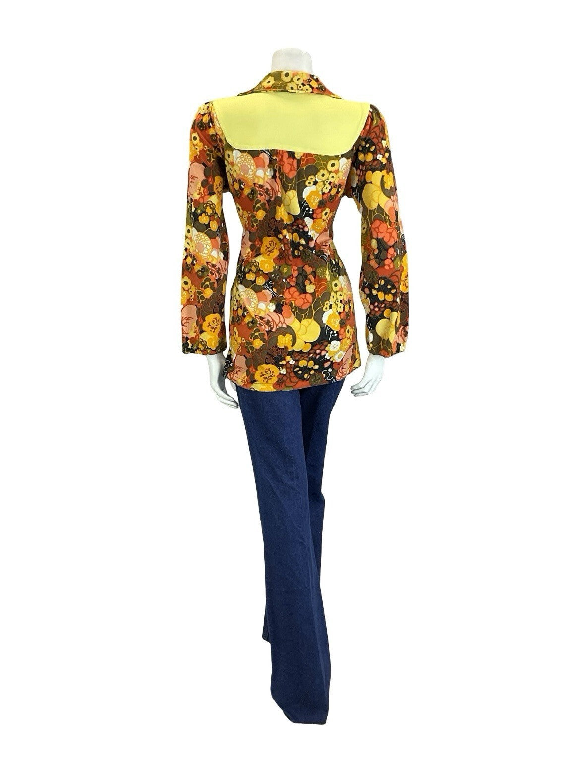VTG 60S 70S BROWN YELLOW ORANGE PSYCHEDELIC FLORAL DOG EAR YOKE SMOCK BLOUSE 12