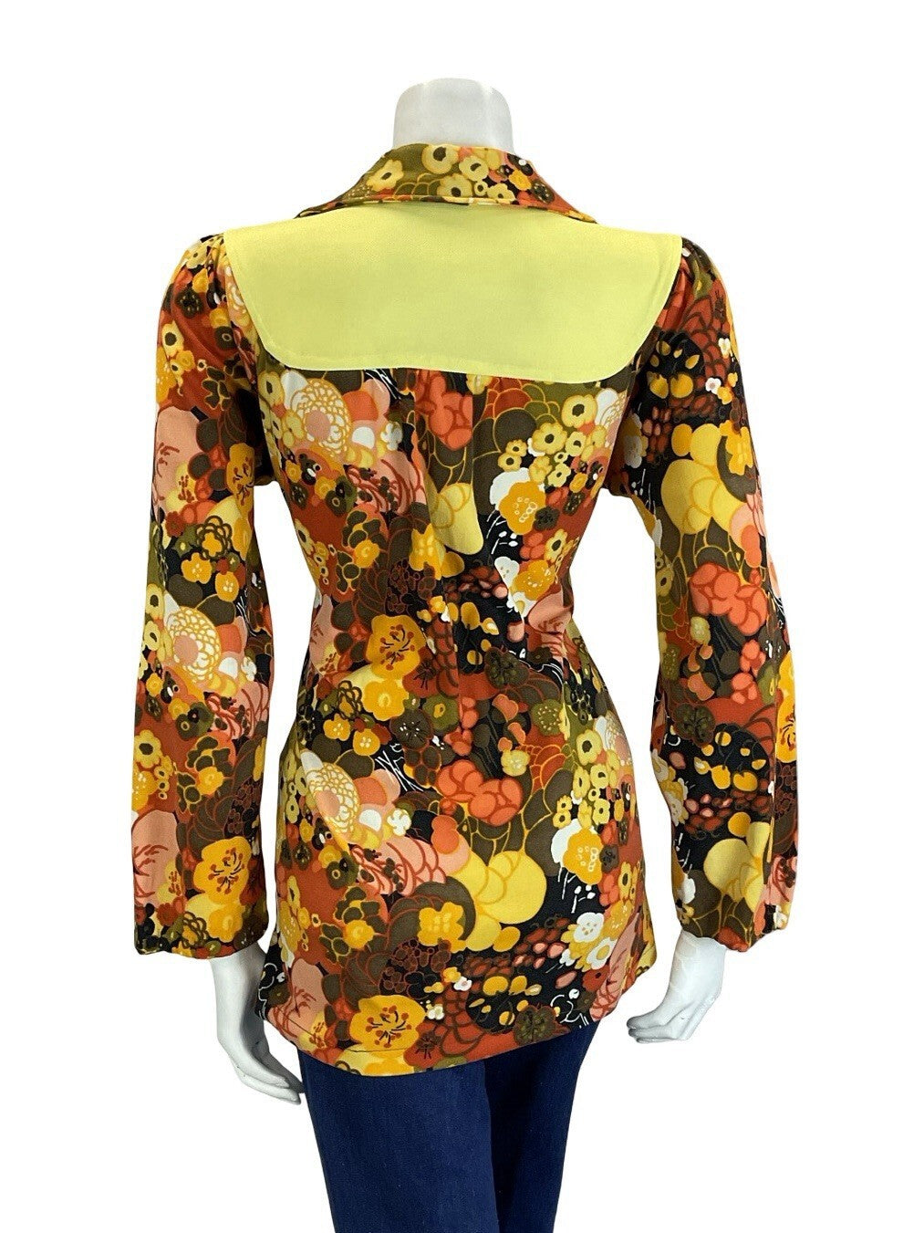 VTG 60S 70S BROWN YELLOW ORANGE PSYCHEDELIC FLORAL DOG EAR YOKE SMOCK BLOUSE 12