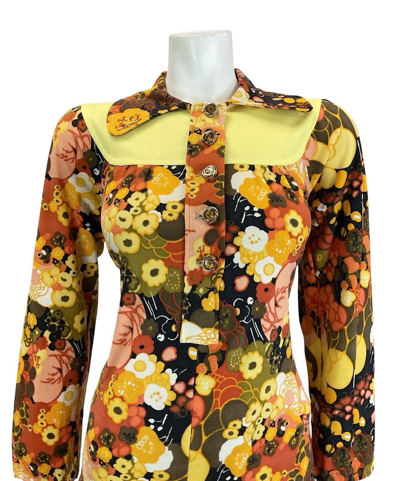 VTG 60S 70S BROWN YELLOW ORANGE PSYCHEDELIC FLORAL DOG EAR YOKE SMOCK BLOUSE 12
