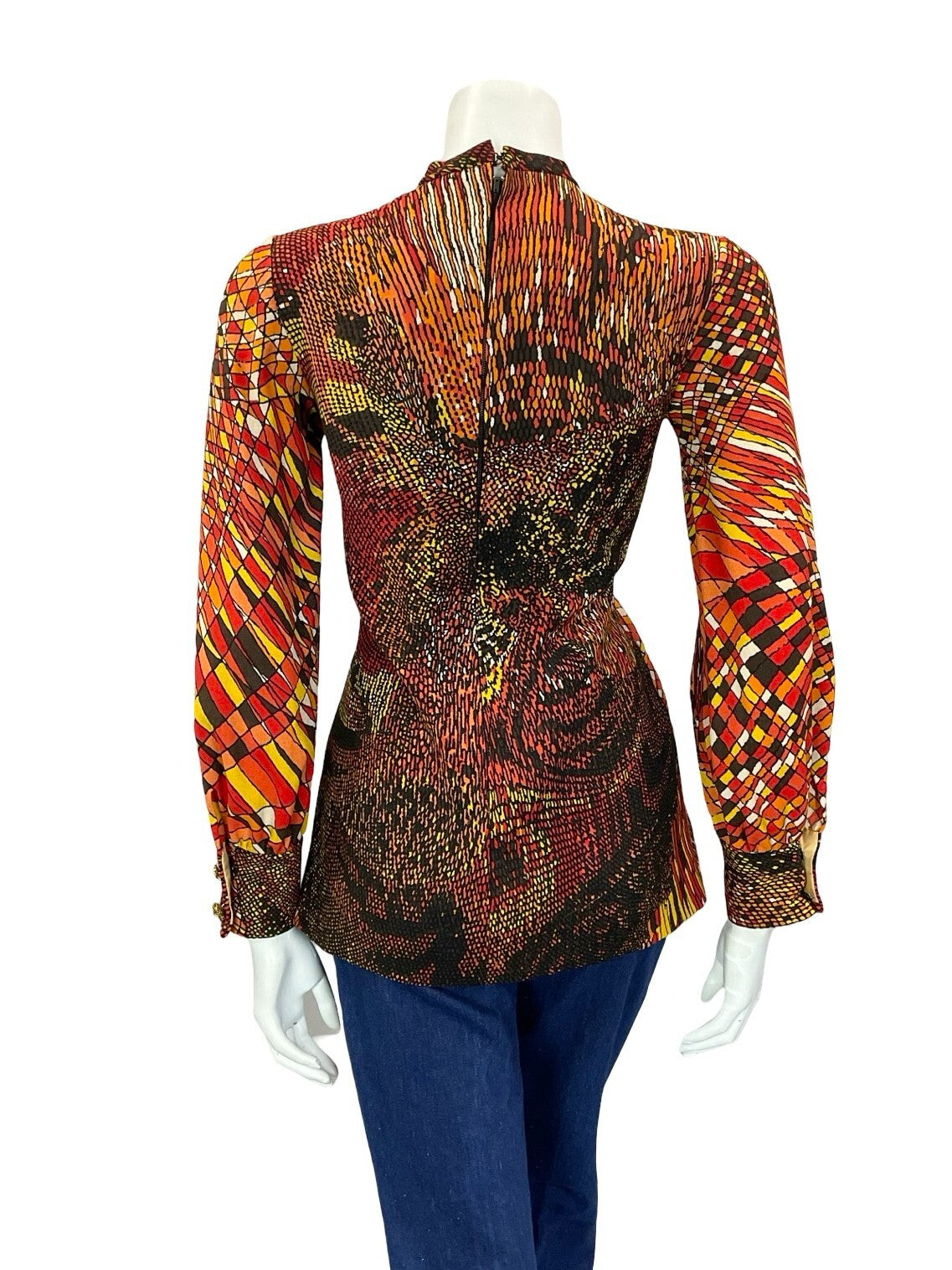 VTG 60S 70S RED ORANGE BROWN YELLOW PSYCHEDELIC GEOMETRIC LINE BLOUSE 8 6
