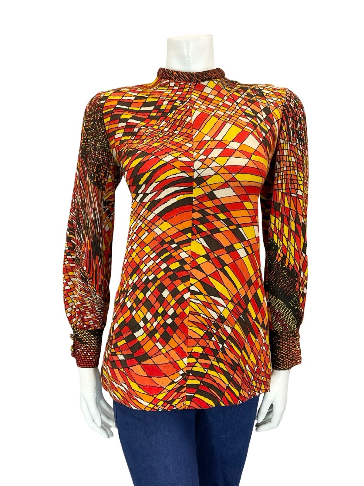 VTG 60S 70S RED ORANGE BROWN YELLOW PSYCHEDELIC GEOMETRIC LINE BLOUSE 8 6