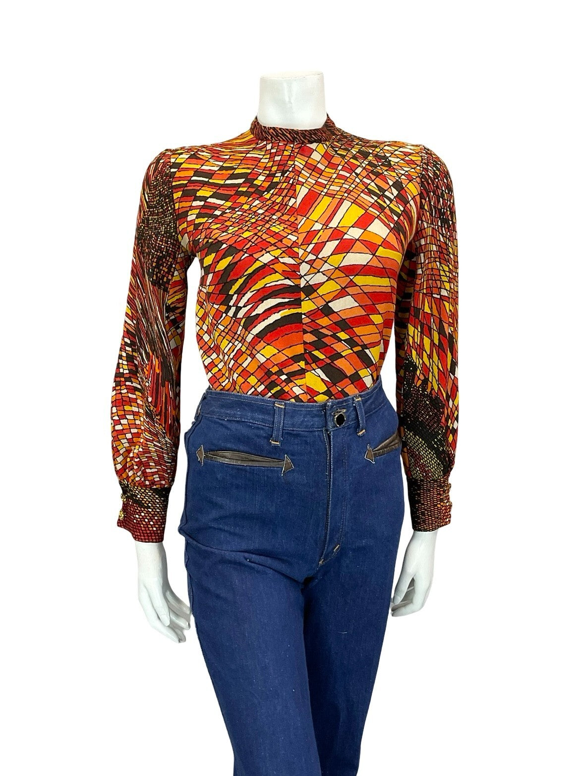 VTG 60S 70S RED ORANGE BROWN YELLOW PSYCHEDELIC GEOMETRIC LINE BLOUSE 8 6