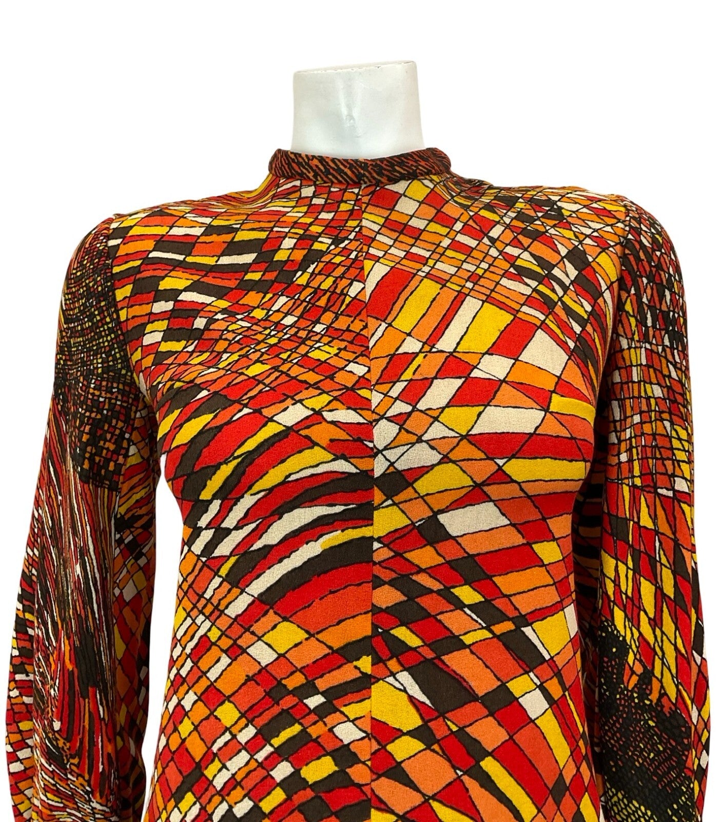 VTG 60S 70S RED ORANGE BROWN YELLOW PSYCHEDELIC GEOMETRIC LINE BLOUSE 8 6